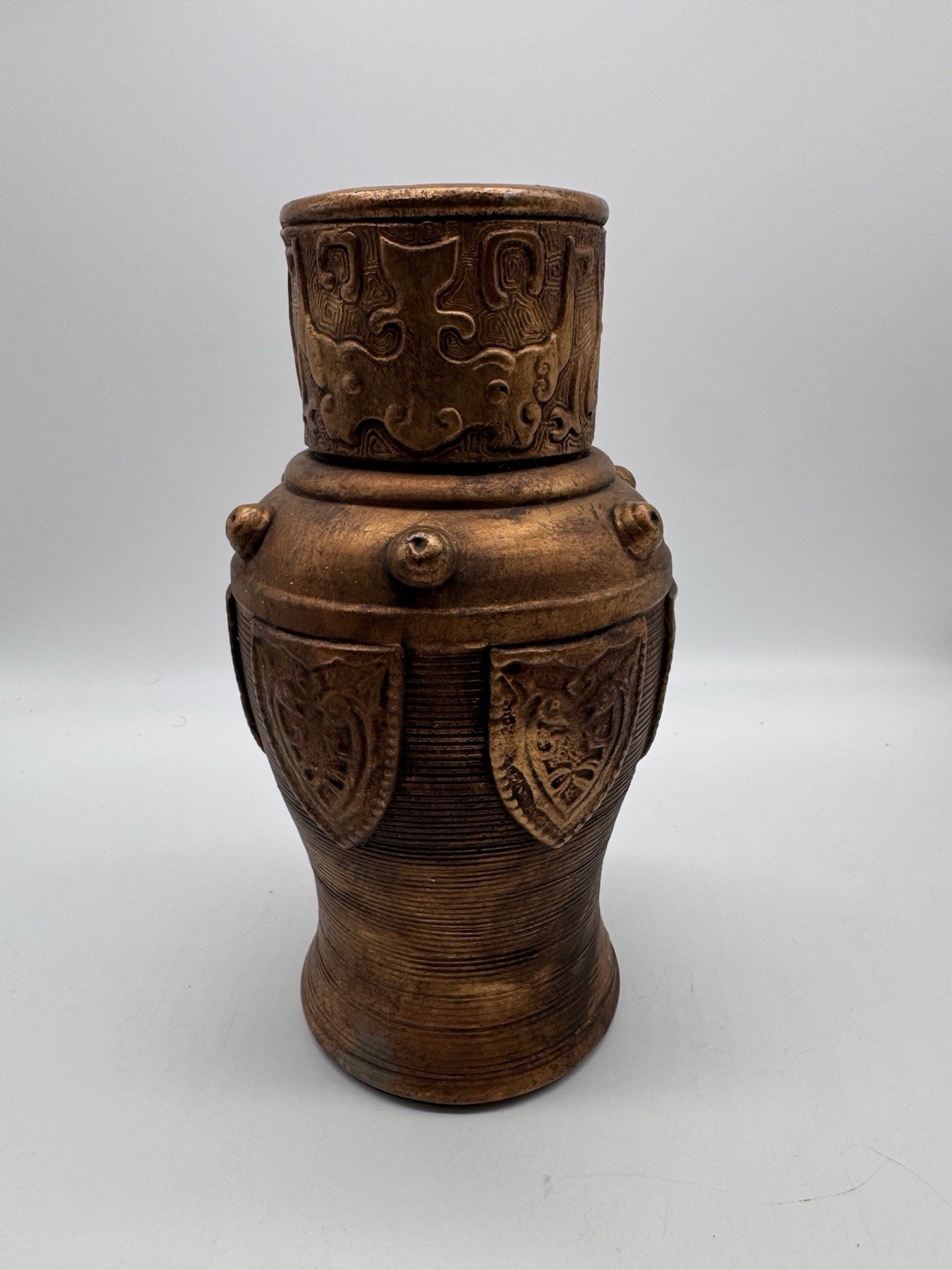 Vintage Milano Designs Tribal Vessel Vase Faux Bronze Composite USA 10” Tuscan