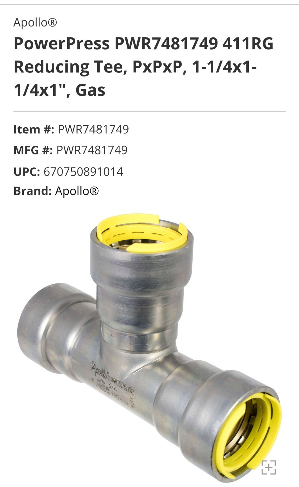 Apollo PowerPress PWR7481749 Reducing Tee 1-1/4x1-1/4x1 Gas Carbon Steel Apollo PowerPress PWR7481749 Reducing Tee 1-1/4x1-1/4x1 Gas Carbon Steel