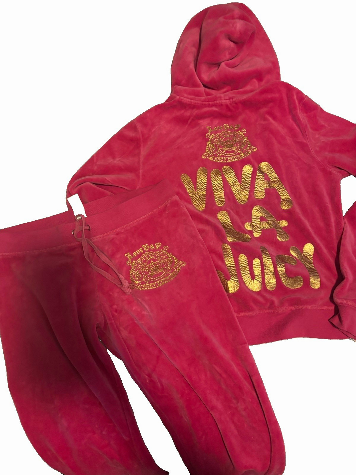 Juicy Couture Pink Velour 2pc Tracksuit Zip Hoodie Pants Logo Pockets L Juicy Couture Pink Velour 2pc Tracksuit Zip Hoodie Pants Logo Pockets L