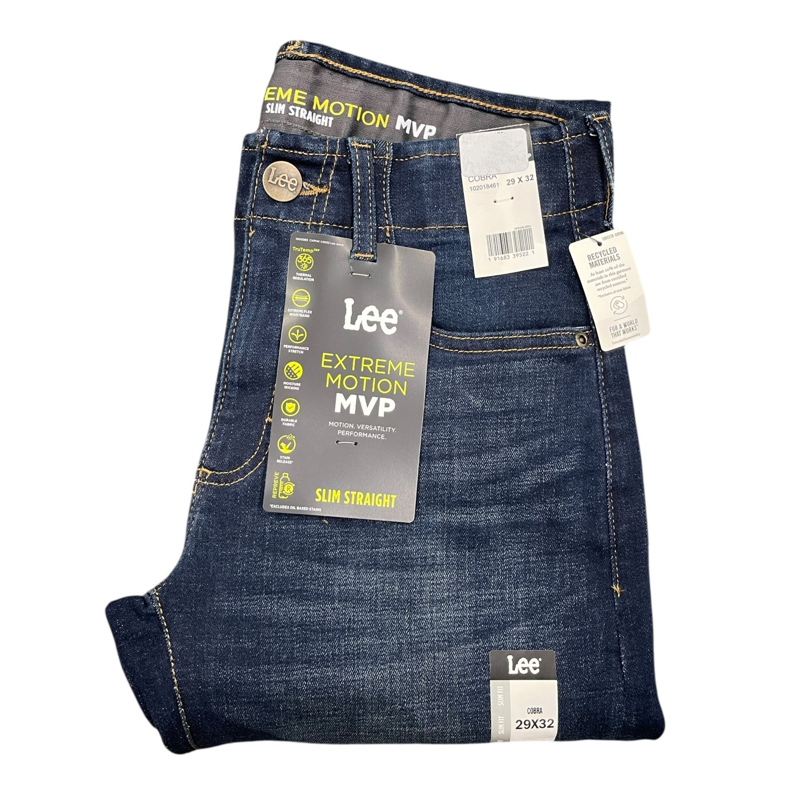NWT Lee Mens Extreme Motion MVP Slim Straight Stretch Wicking Denim Jeans Cobra