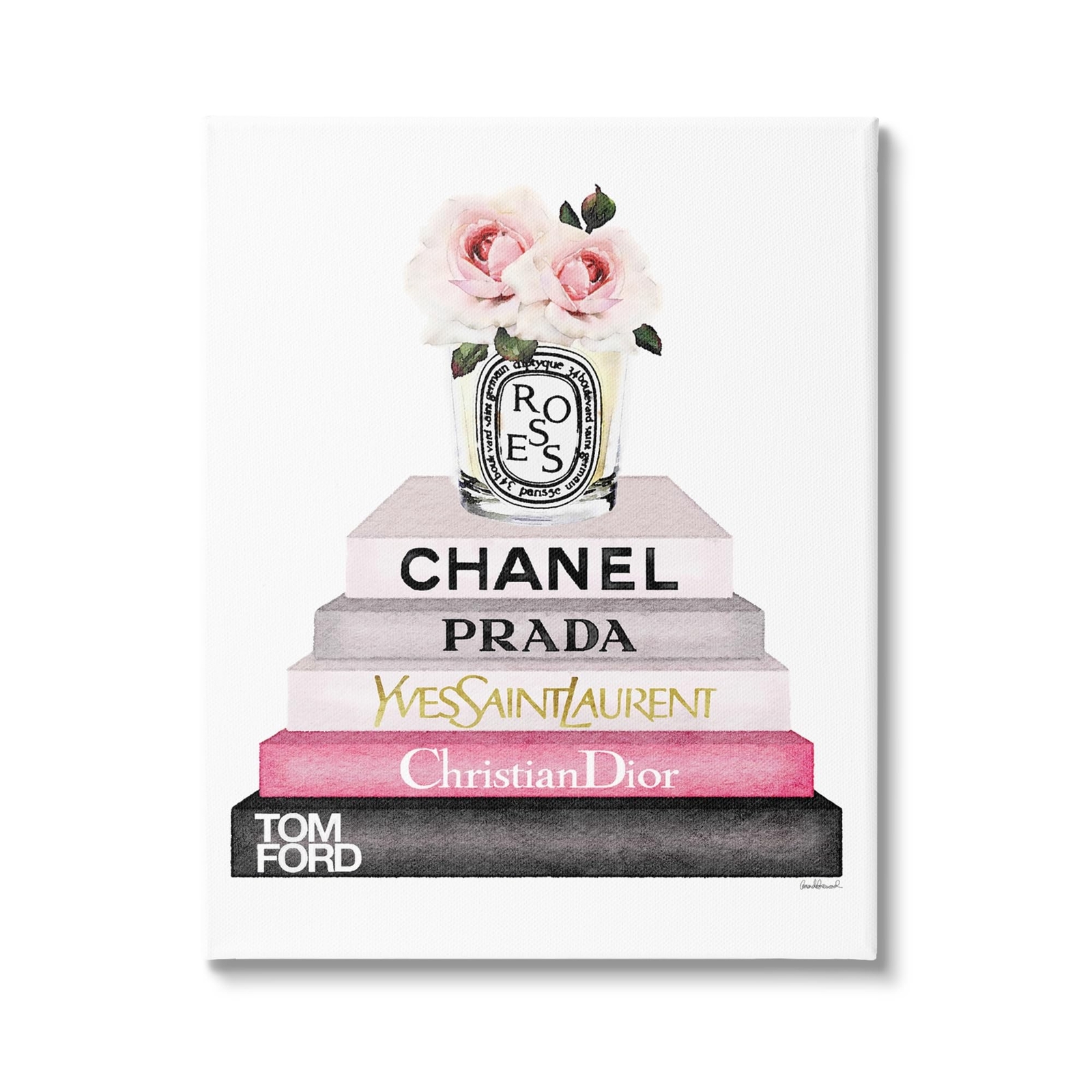 Stupell Industries Book Stack Fashion Candle Pink Rose Canvas Wall Art, 36 x ...
