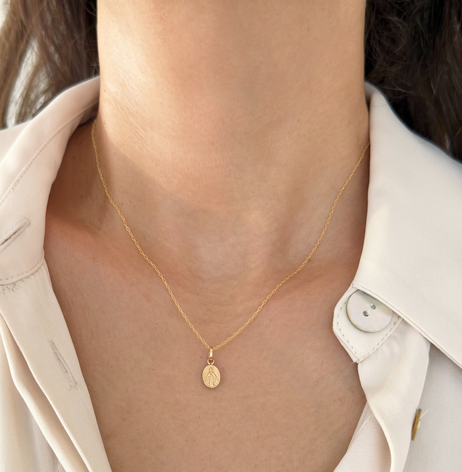 10K 14K Solid Gold Virgin Mary Miraculous Medal Pendant Our Lady Grace Necklace