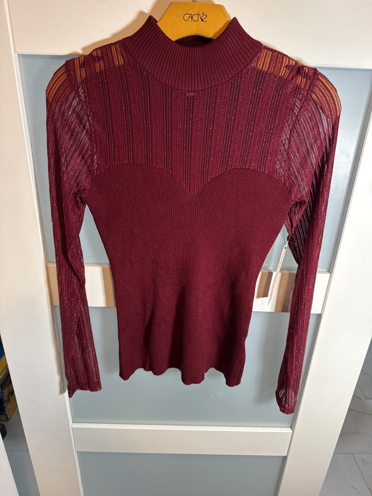 Chic Burgundy Ribbed Knit Top W/ Sheer Size S Glitter Sleeves Crave Fame   21-78