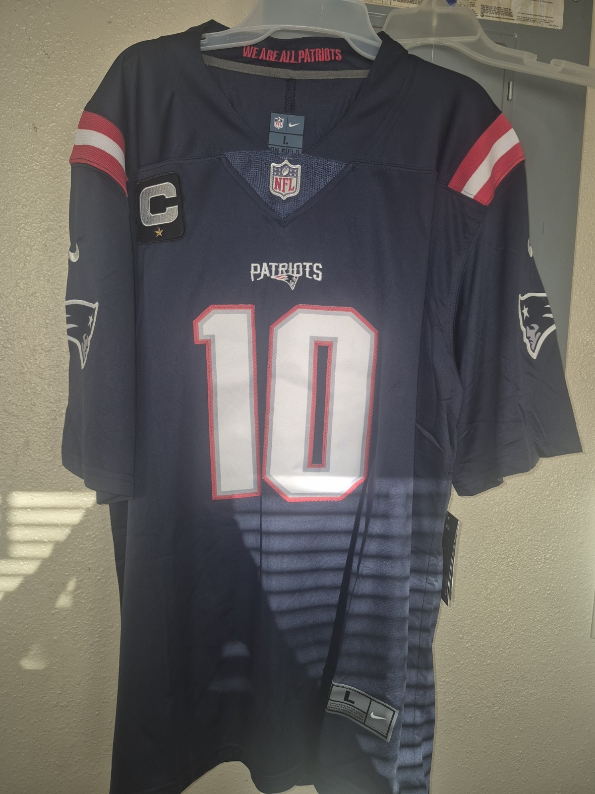 Drake Maye New England Patriots 2026 Large Captains Patch Men\'s Game Jersey Blue Drake Maye New England Patriots 2026 Large Captains Patch Men\'s Game Jersey Blue