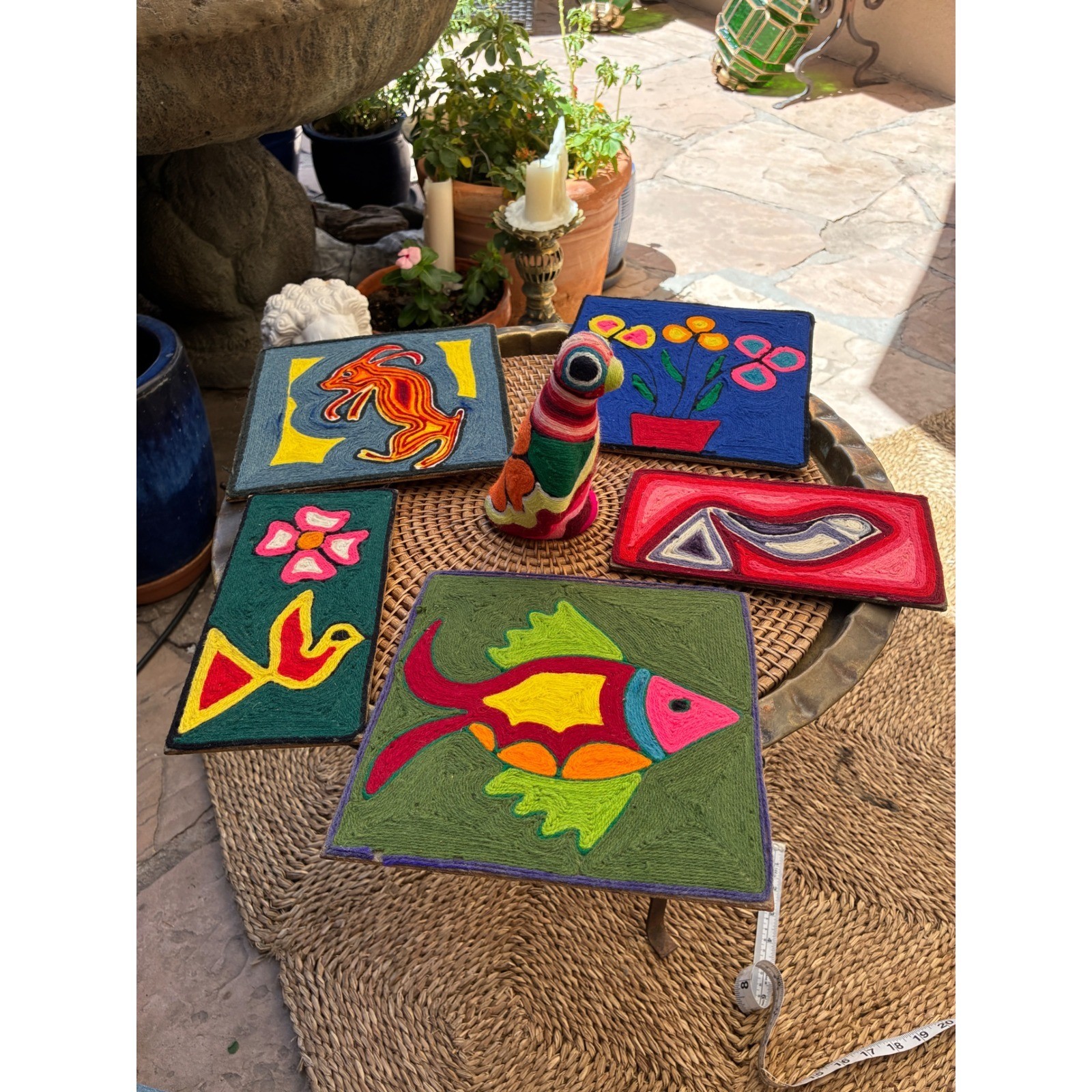 Vintage Huichol Yarn Art Set 5 Wall Plaques & Bird Figurine Mexican Folk Art