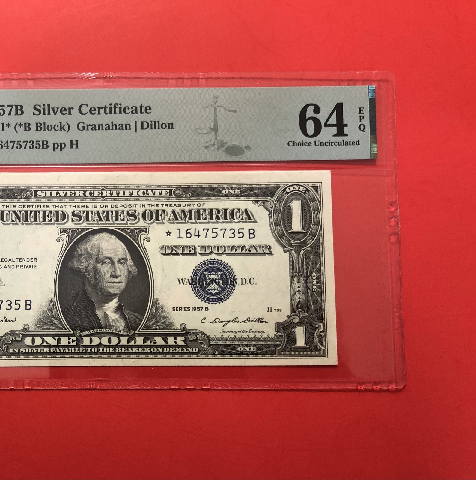1957B-$1 SILVER CERTIFICATE ***STAR****NOTES,GRADED BY PMG CHOICE  UNC 64 EPQ.
