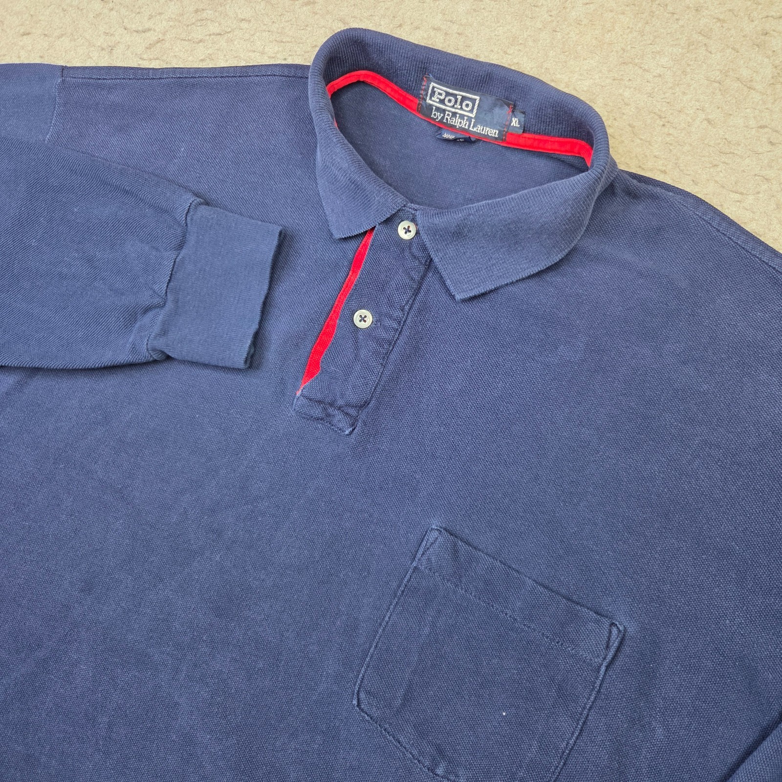 Vintage Polo Ralph Lauren Shirt Men XL Blue Pocket Polo Long Sleeve Rugby USA
