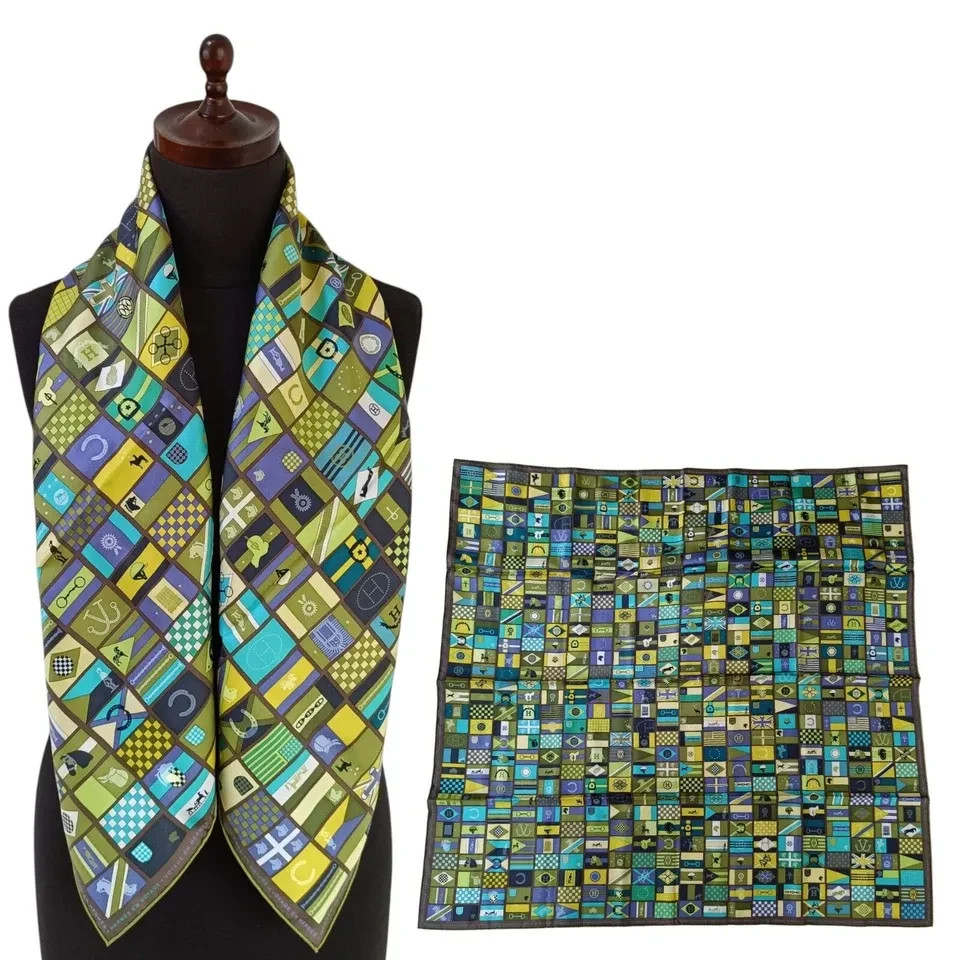 Hermes Scarf EN VOYAGE Carre90 Silk100% Green Rare Vintage