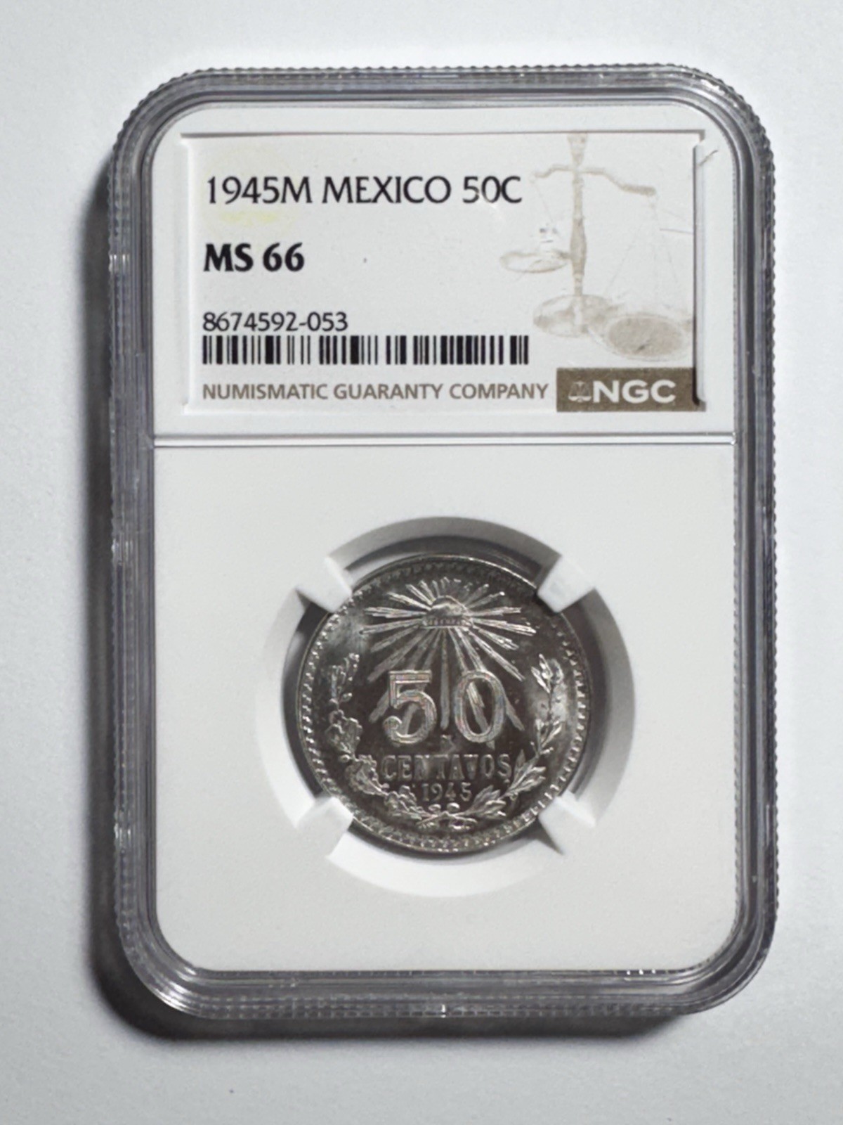 1945 MEXICO SILVER 50 CENTAVOS 50C NGC MS 66 BU