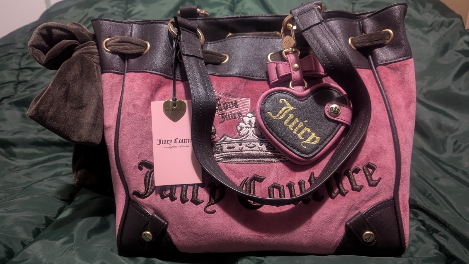 Juicy Couture Chateau Rose Crown Velour Tote w Brown Bow Heart Charm Mirror NWT