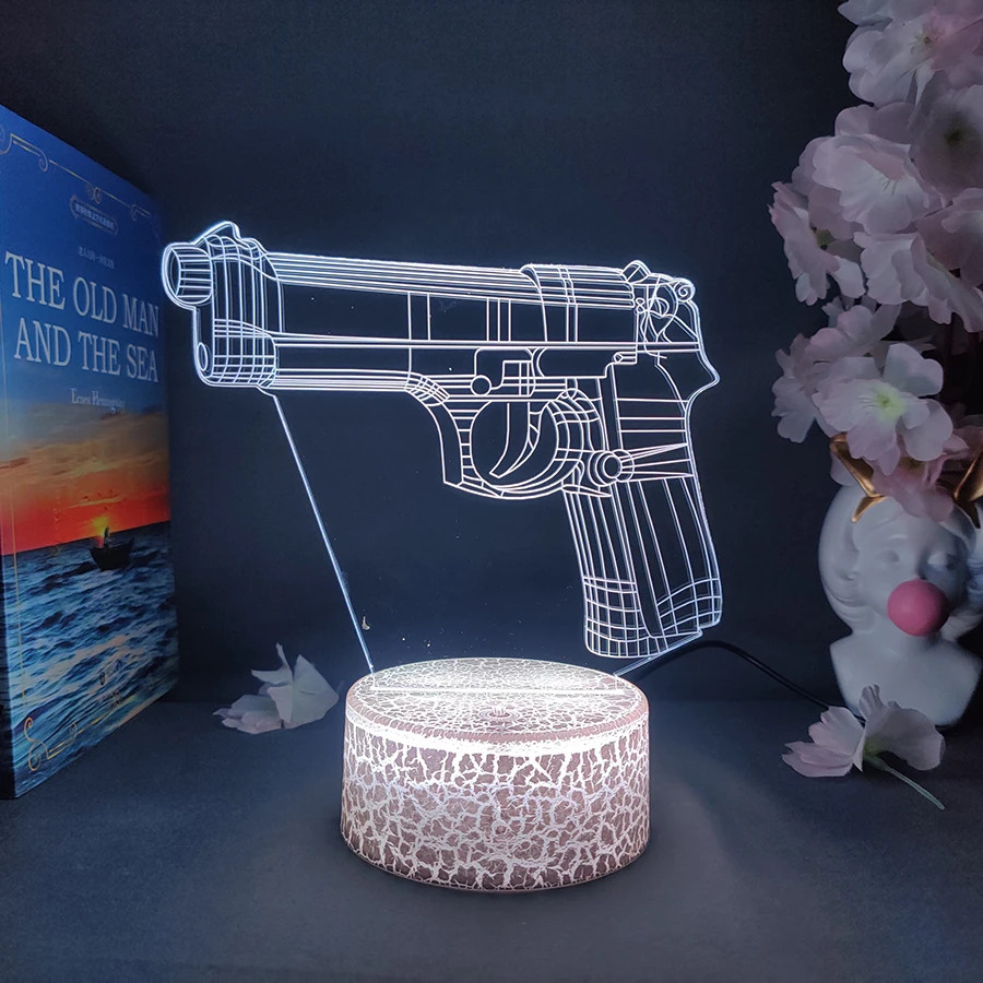Cool Pistol Gun Night Light for Kids 3D Illusion Night Lamp Bedroom Decoration L