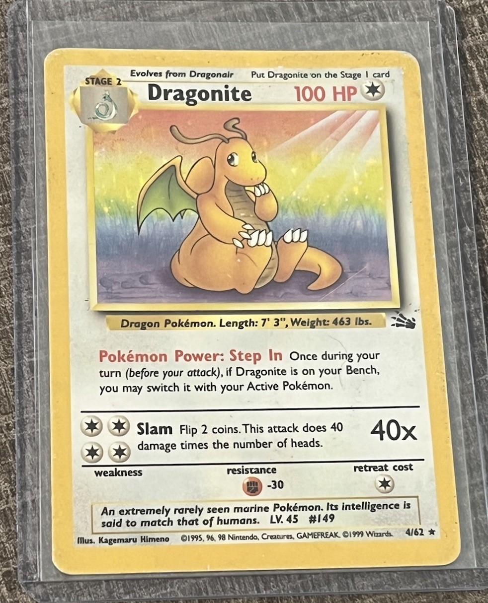 Dragonite 4/62 Fossil Holo Rare Pokemon Card 1999 WOTC Vintage Lightly Played LP Dragonite 4/62 Fossil Holo Rare Pokemon Card 1999 WOTC Vintage Lightly Played LP