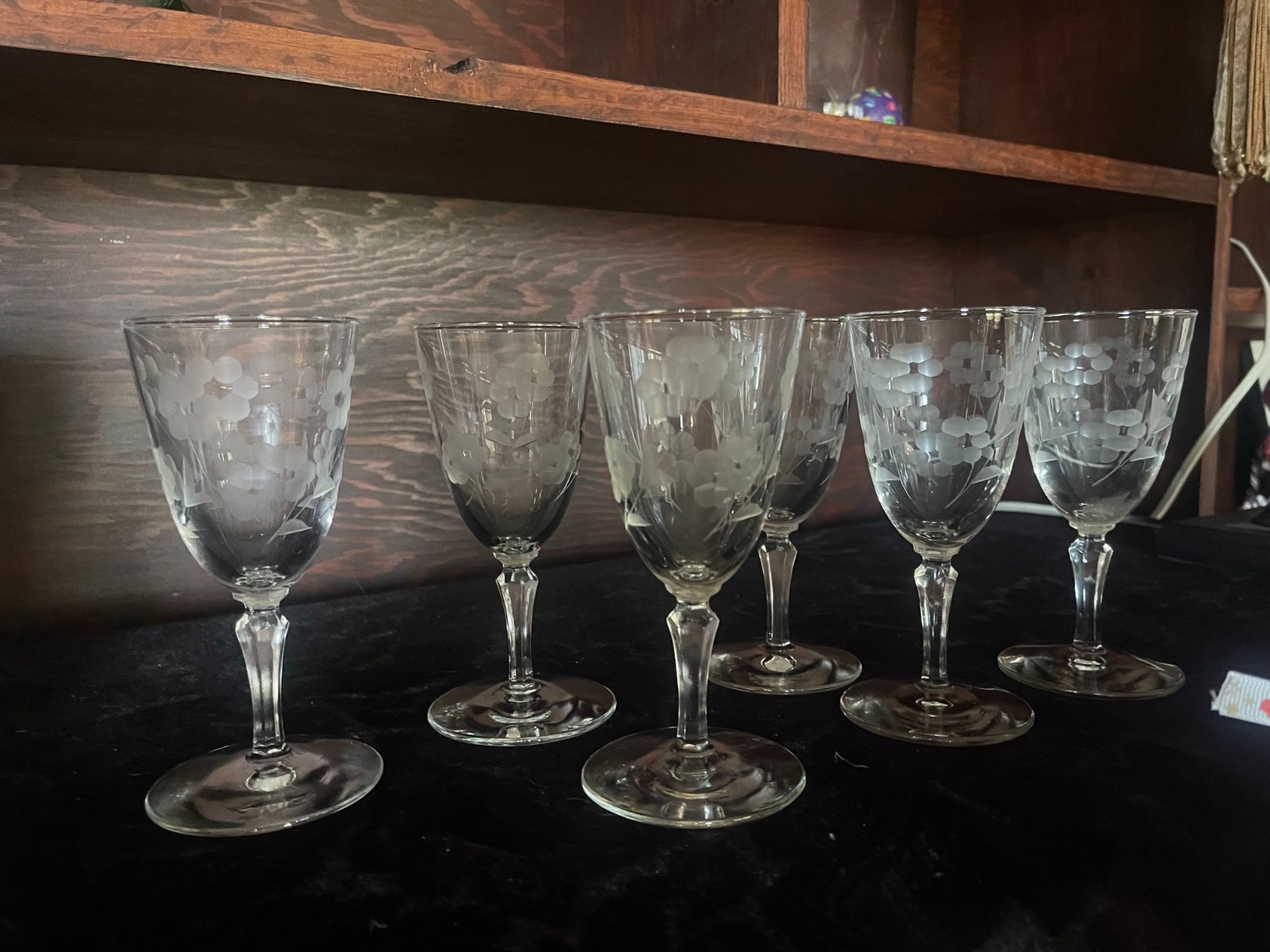 Vtg 50s Libbey Glenmore Etched Floral Wine Glasses Set Of 6 Stemware 5 3/4