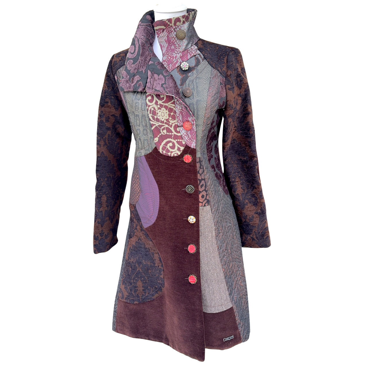 Desigual Asha Coat Womens 40 Medium Brown Purple Patchwork Jacquard Art Buttons