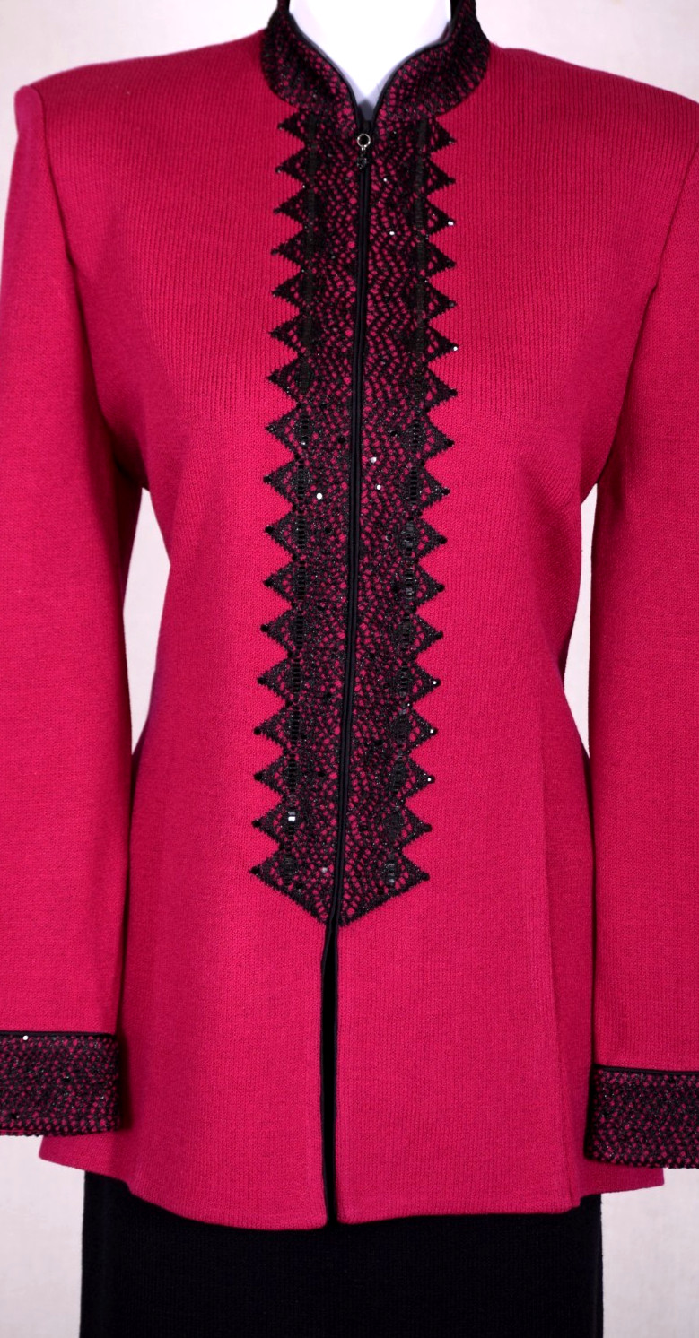 ST.JOHN Women\'s Pink Raspberry Embroidered Sequins Studs Trim Jacket Sz 14