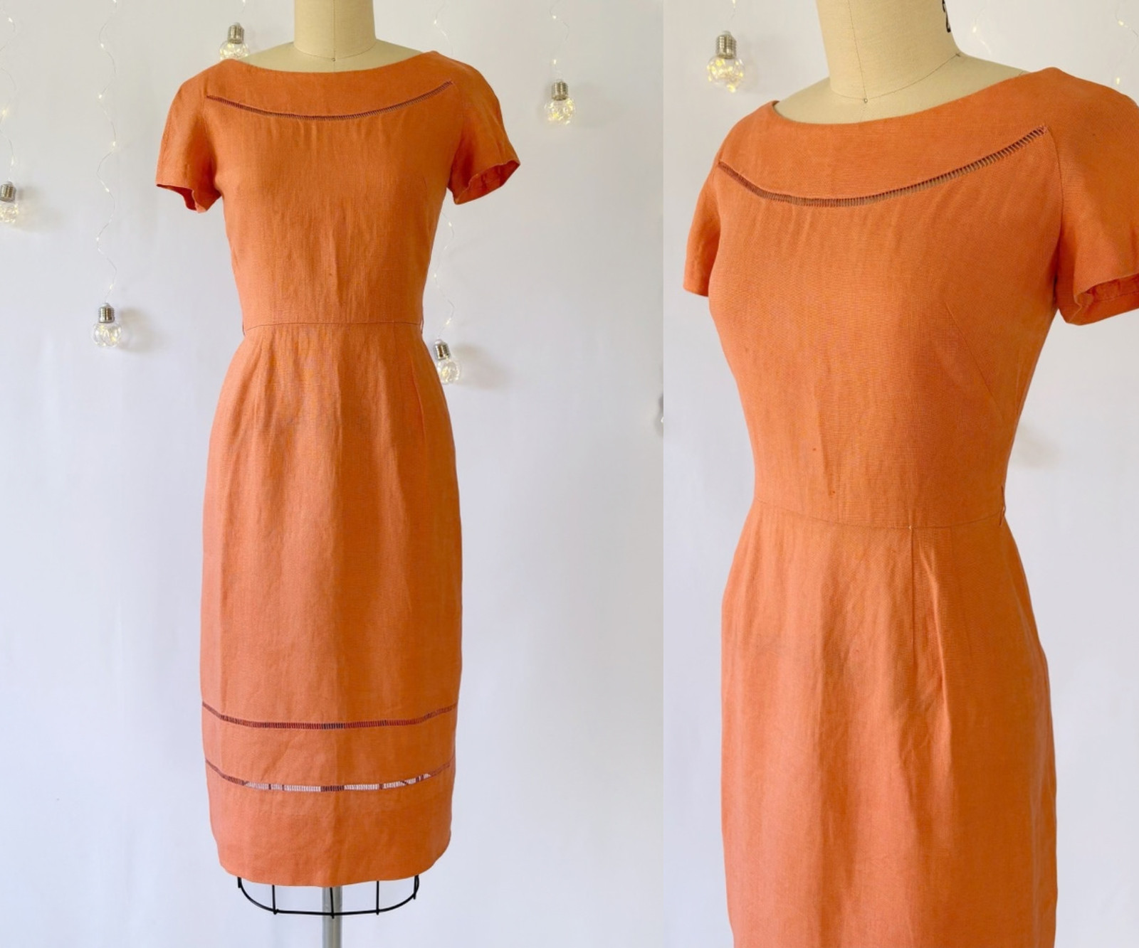 Vtg 1950s Peach Short Sleeve Linen Wiggle Dress, Ira Rentner 50s Sheath, Small