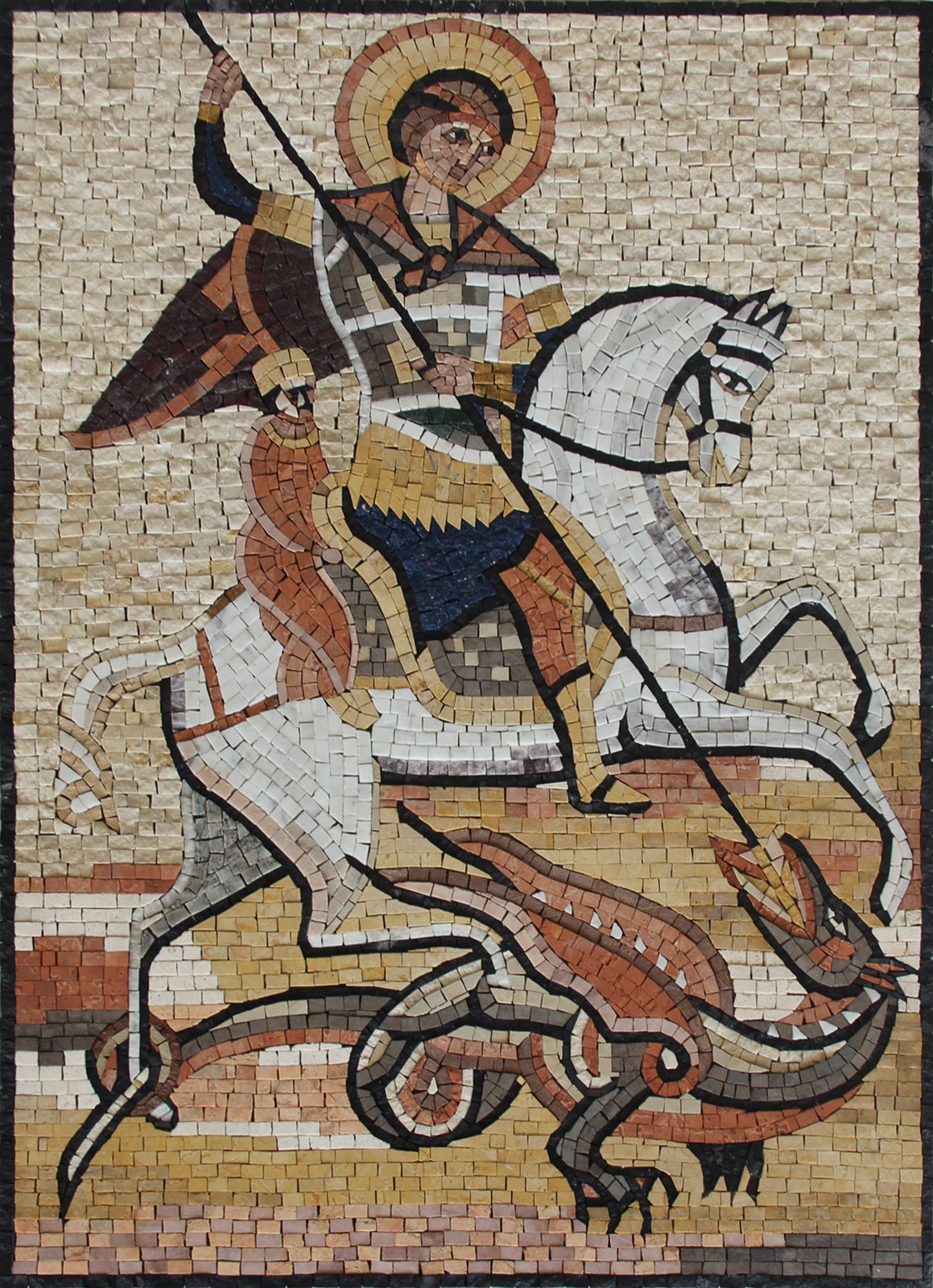 Saint George and Dragon Religious Icon Marble Mosaic