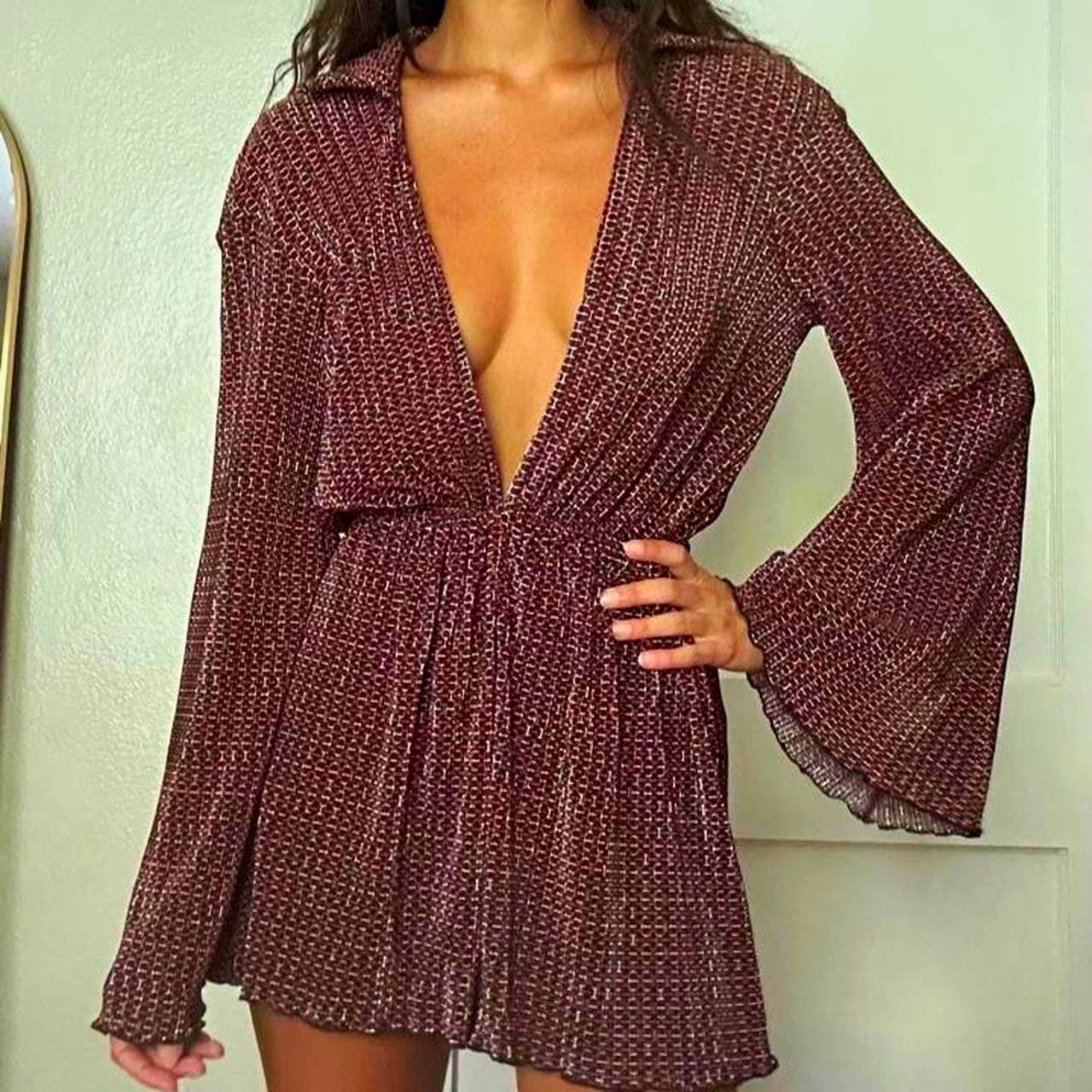 ASOS DESIGN Womens Geometric Romper V-Neck Long Bell Sleeve Brown/Black/White 8
