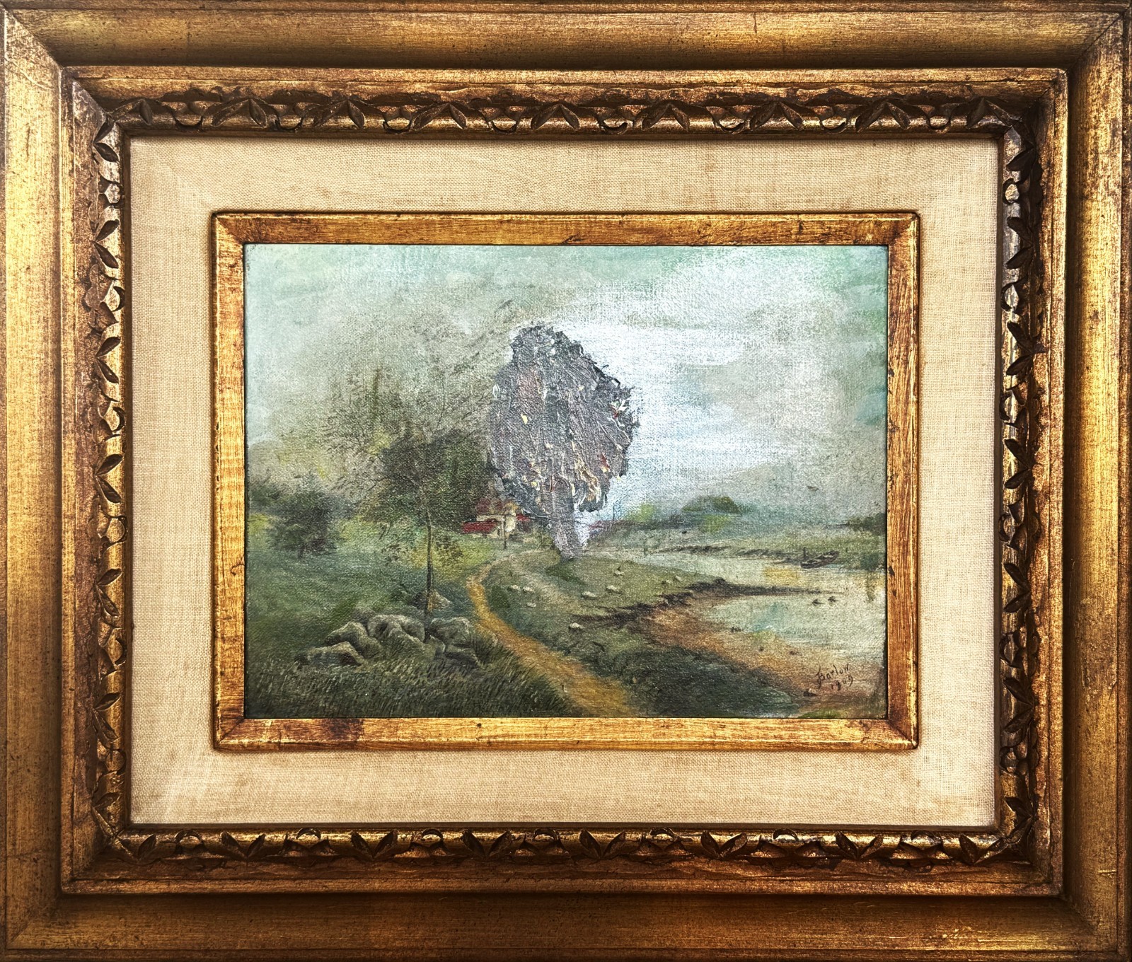 John Noble Barlow (UK-USA) ANTQ c 1909 Tonalist O/C Countryside Landscape Signed