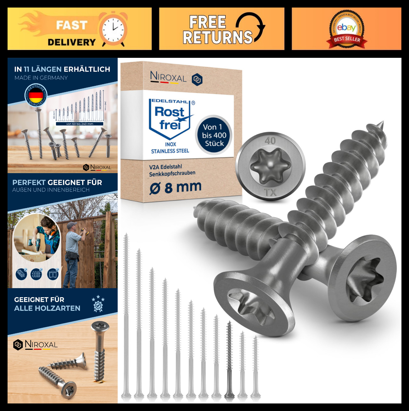 400 Pcs 8x70mm Stainless Steel Flat Head Deck Screws - Rust Resistant, Strong, P