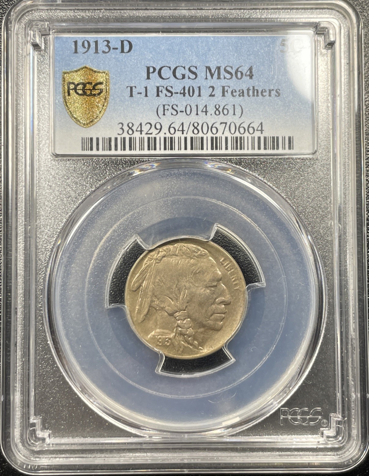 1913-D Type 1 Buffalo Nickel 5c 2 Feathers FS-401 PCGS MS64 1913-D Type 1 Buffalo Nickel 5c 2 Feathers FS-401 PCGS MS64