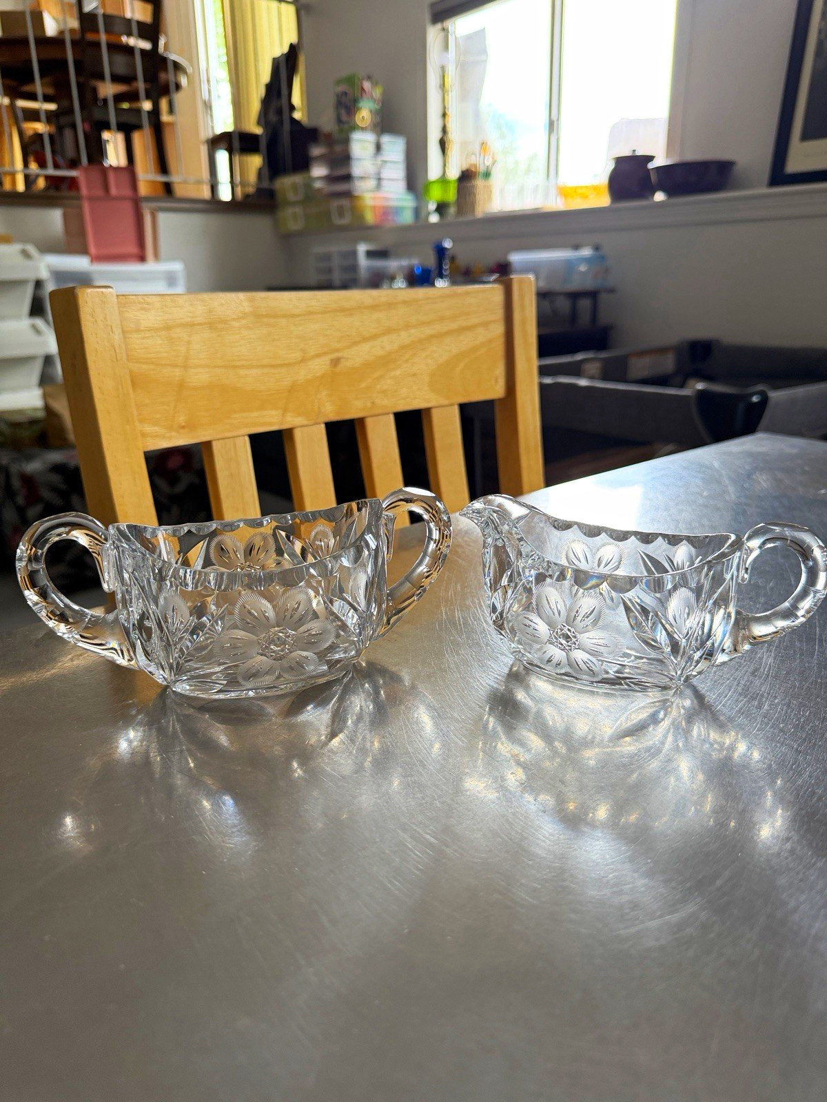 Vintage clear glass creamer and open sugar bowl set with an etched flora design