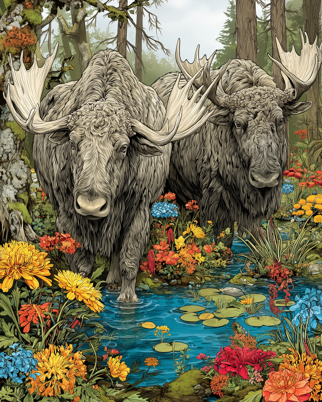 Pair of Moose Standing in Colorful Wetland Pond Print - 410104950