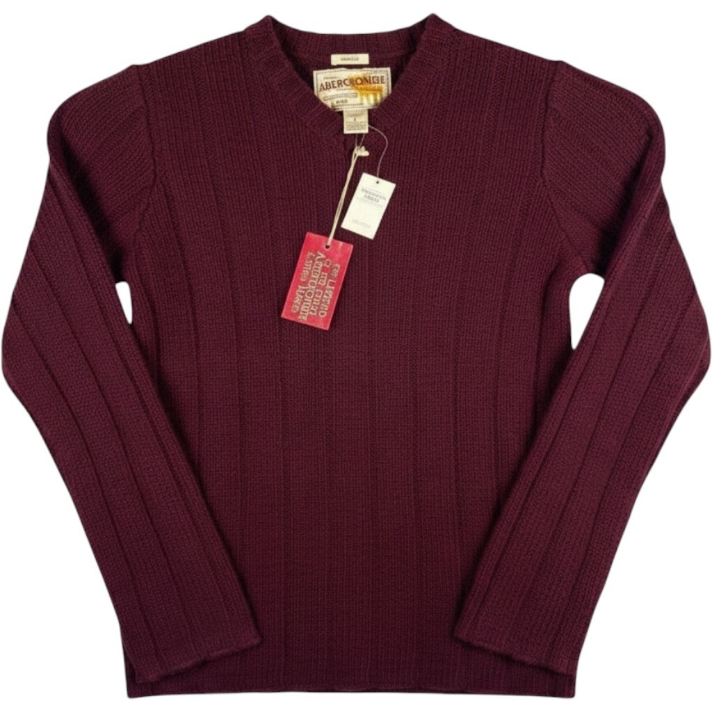 New Abercrombie & Fitch Wool Blend Sweater Mens L Muscle V-Neck Ribbed Burgundy