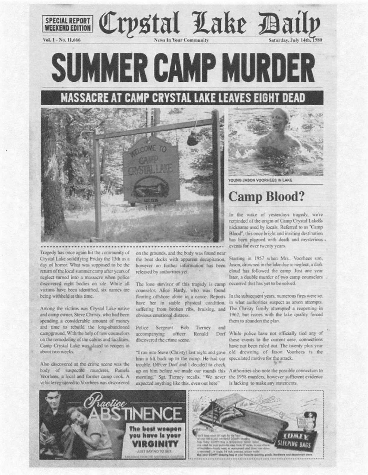 1980 Friday The 13th Crystal Lake Daily Summer Camp Murder Jason Voorhees Print 1980 Friday The 13th Crystal Lake Daily Summer Camp Murder Jason Voorhees Print