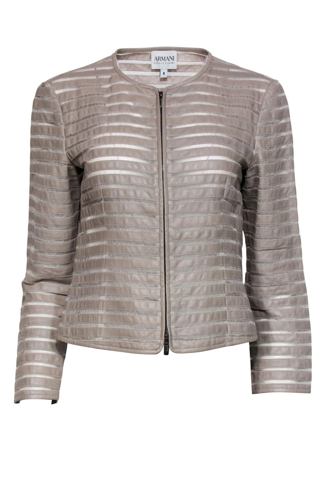 Armani Collezioni - Taupe Leather & Silk Striped Zip-Up Jacket Sz 8 Armani Collezioni - Taupe Leather & Silk Striped Zip-Up Jacket Sz 8