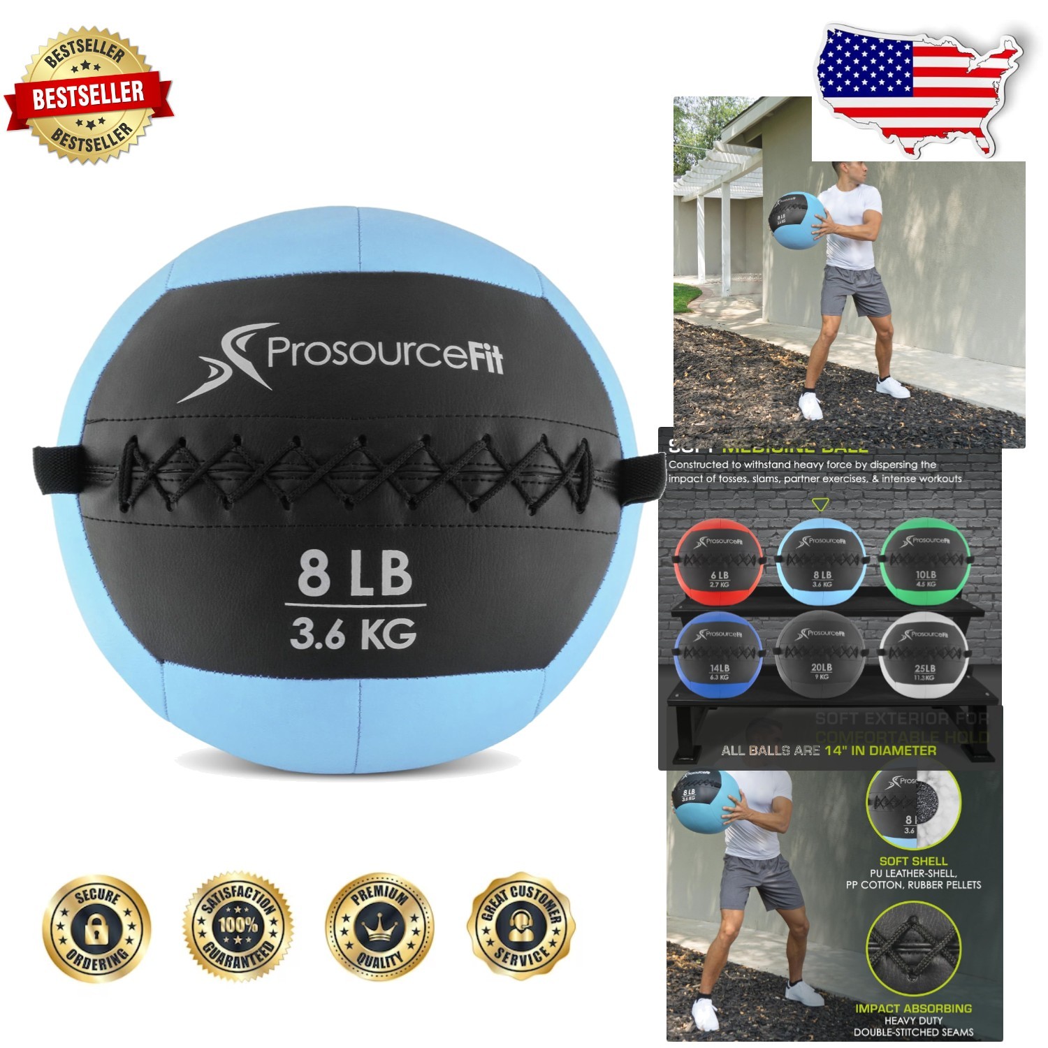 Aqua 8lb Soft Medicine Ball | PU Leather CrossFit Wall Ball | Durable | 14\