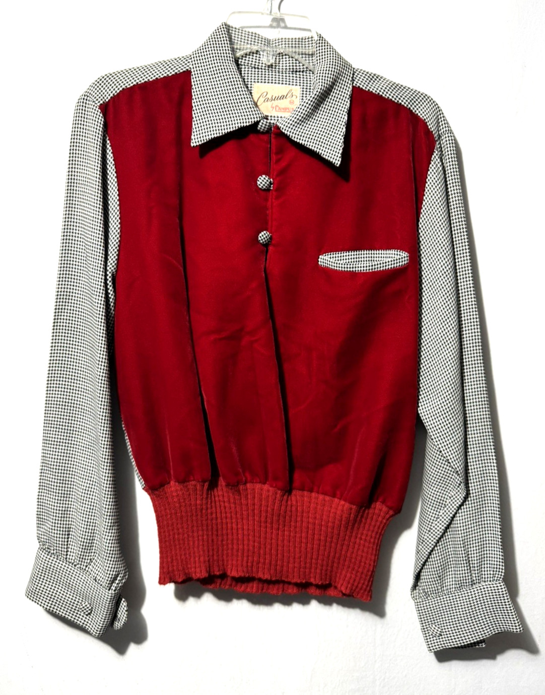 Vintage 50s Rockabilly Loop Collar Gaucho Shirt Campus Red Houndstooth Medium