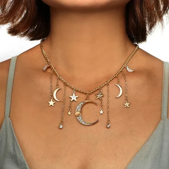 Large Crescent Moon & Stars Jewelry Dangle Celestial Rhinestone Necklace Large Crescent Moon & Stars Jewelry Dangle Celestial Rhinestone Necklace