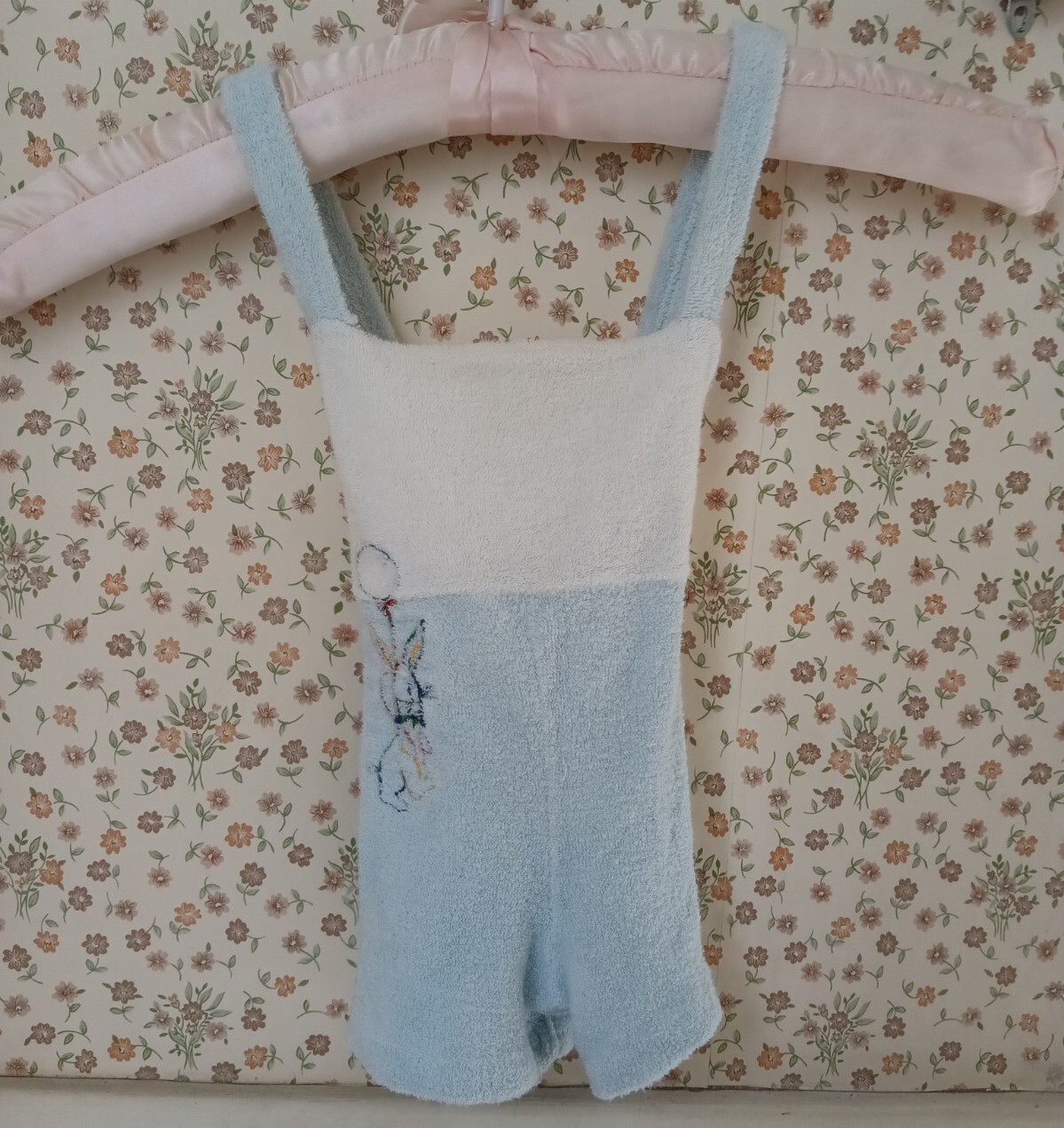 Vintage 1970s Baby Boy Terry Rabbit Bunny Embroidered Overalls Romper Easter