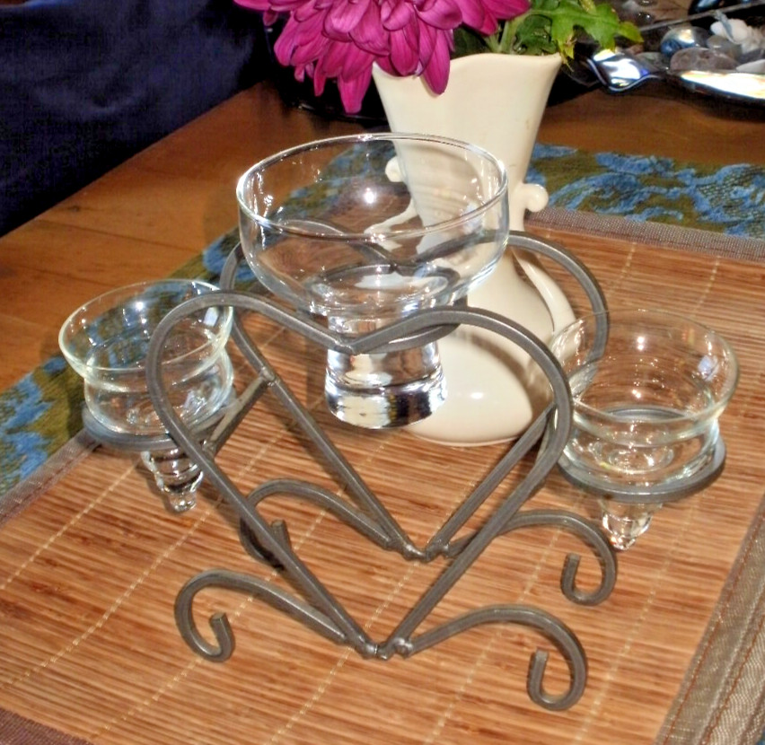 Danish Sweden Wrought Iron Heart Shaped Frame w/3 Glass Candleholders MCM