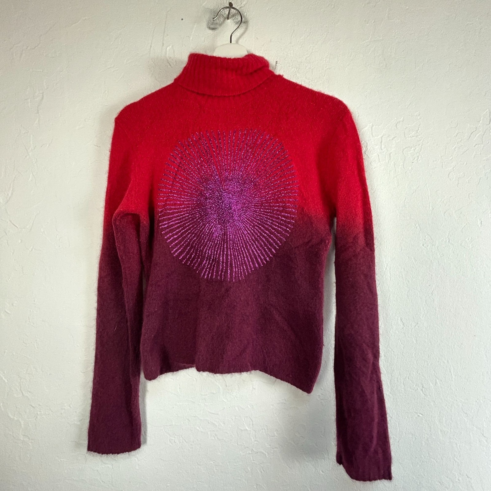 Vintage Karin Beck Women Turtleneck Sweater 3 Ombre Red Purple Angora Wool Blend