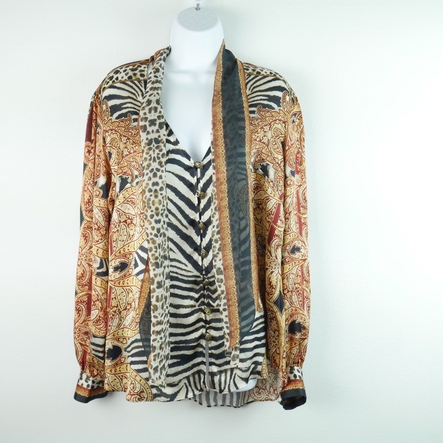 Camilla Silk Mixed Print Blouse Zebra Leopard Crystals Tie Neck Luxury Top M Camilla Silk Mixed Print Blouse Zebra Leopard Crystals Tie Neck Luxury Top M