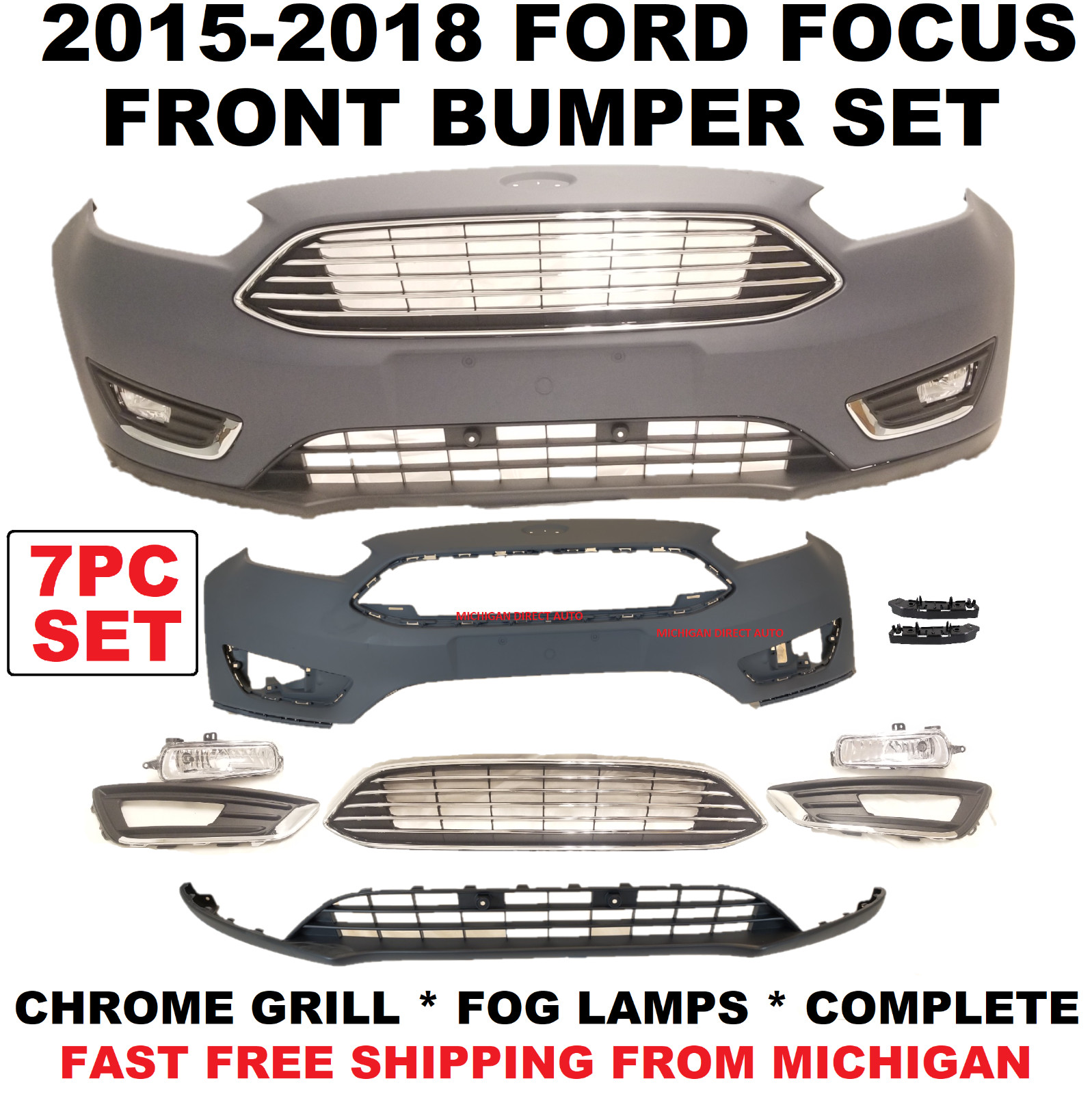 2015 2016 2017 2018 FORD FOCUS FRONT BUMPER UPPER LOWER FOG LAMPS CHROME GRILL 2015 2016 2017 2018 FORD FOCUS FRONT BUMPER UPPER LOWER FOG LAMPS CHROME GRILL