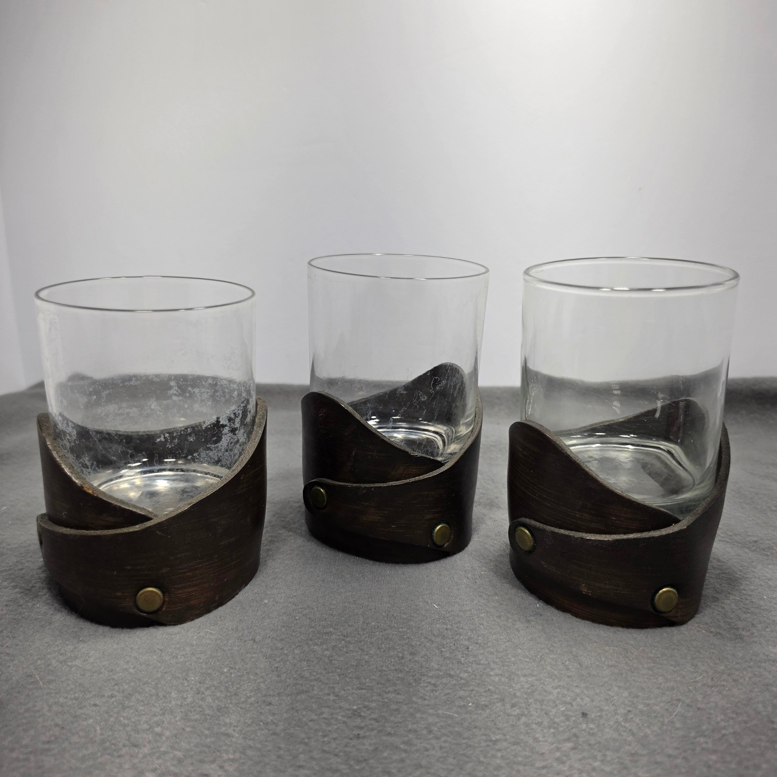 Vintage El Cid Leather Wrapped Rocks Glasses Set of 3 Brown Barware Lowball