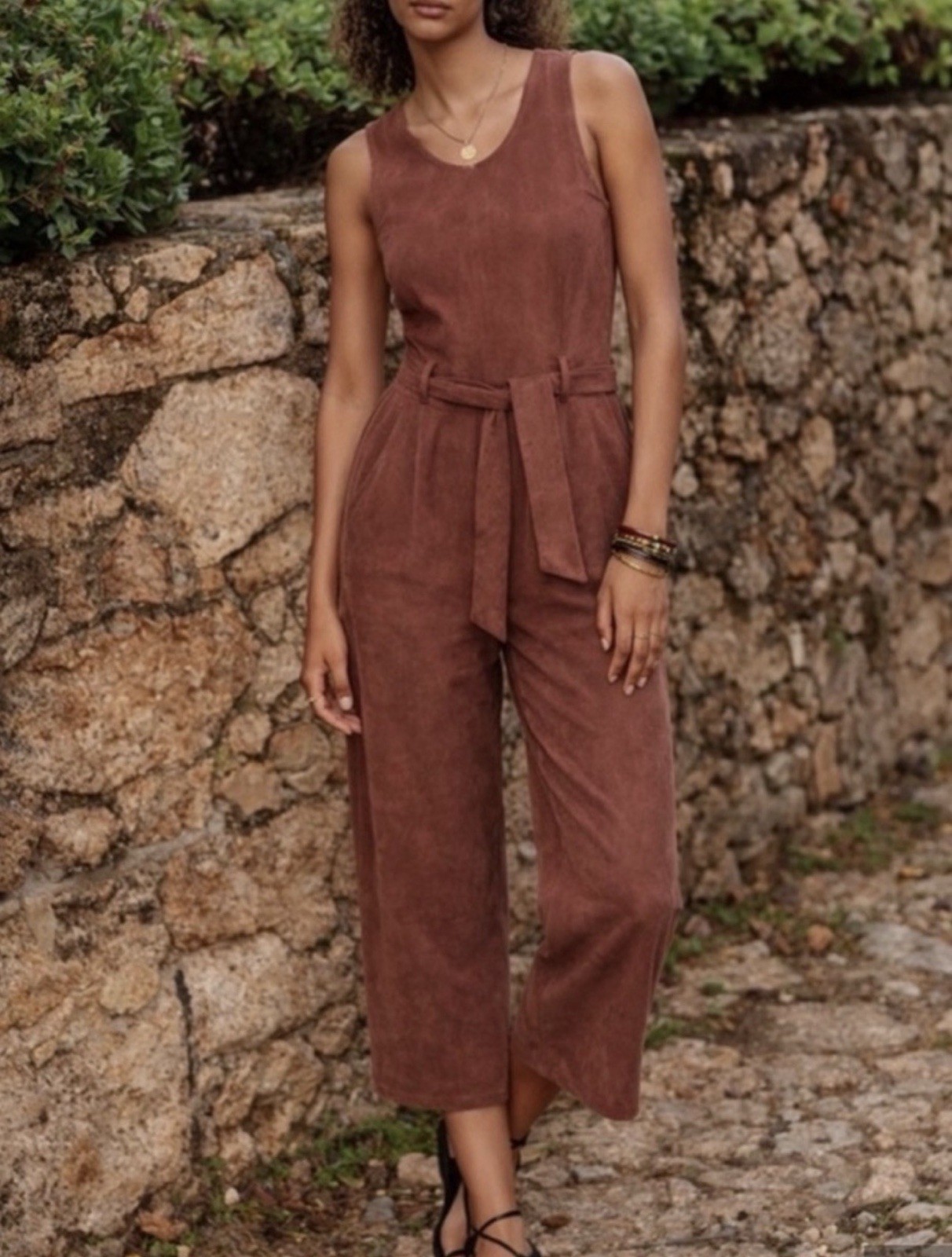 Anthropologie Faux Suede Jumpsuit  Brown Cedar Wide leg Medium