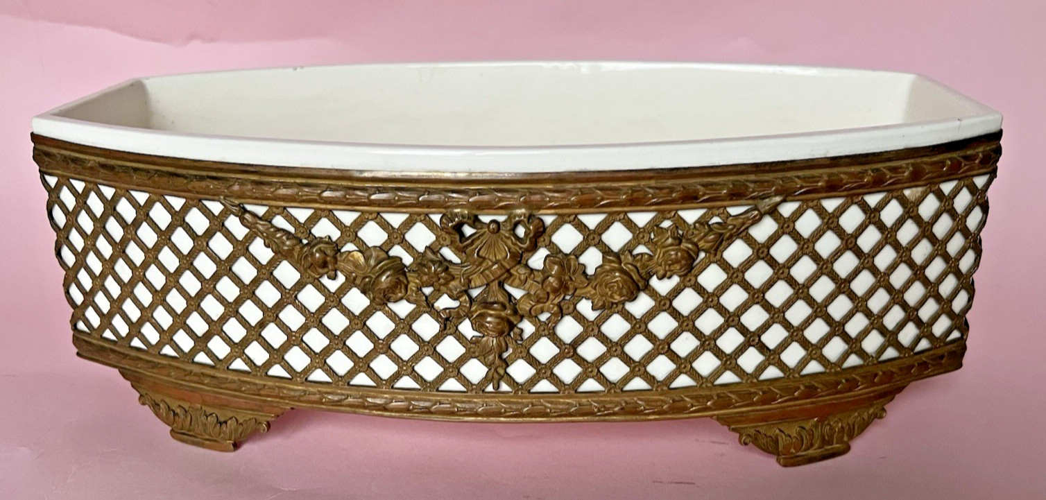 Antique Jardiniere French Bronze/Brass Lattice Ormolu Mounts Ceramic Oval 12x6x4