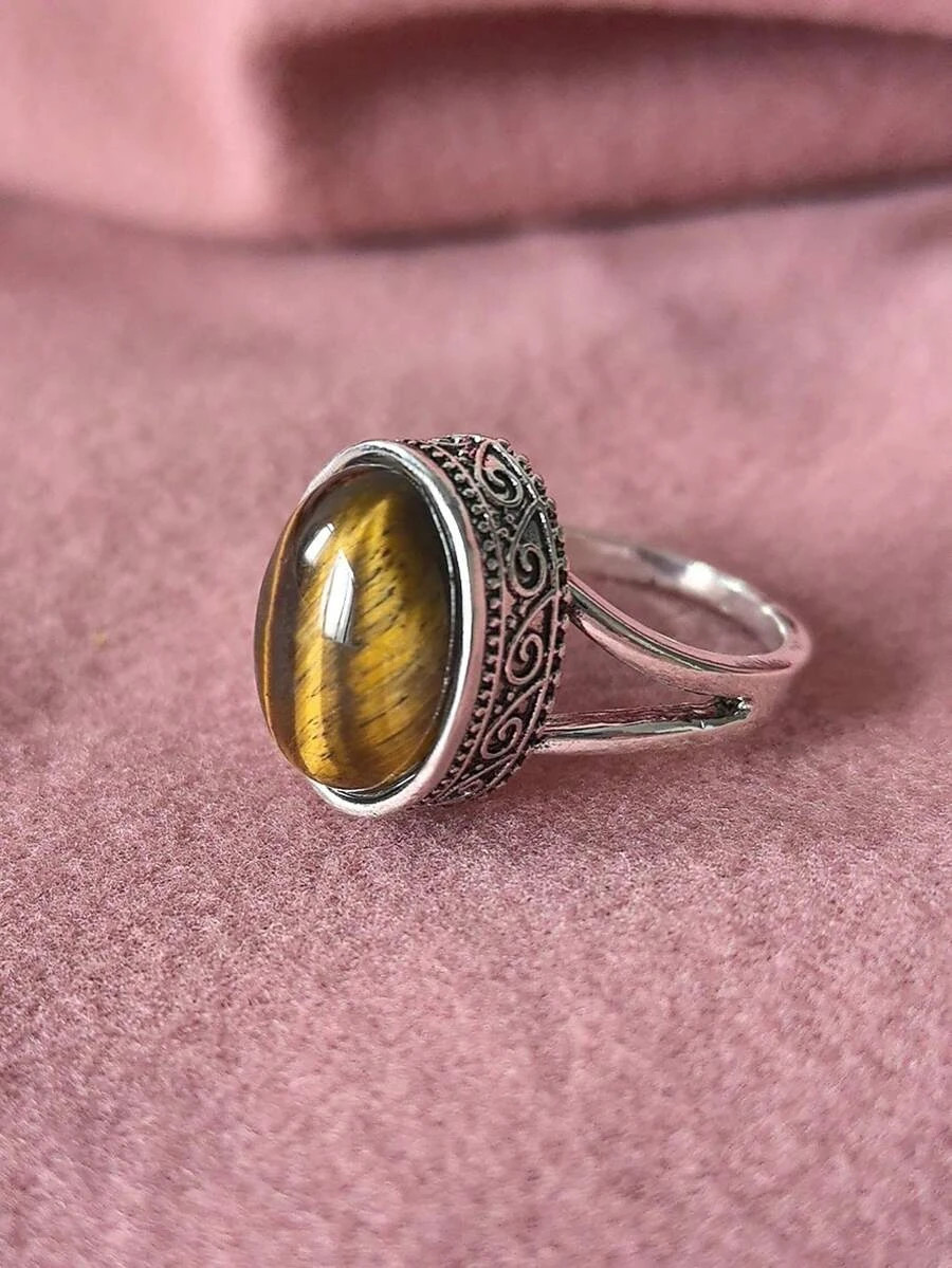 1pc Women\'s Oval Tiger Eye Stone Ring Vintage Gemstone Fashion Jewelry Gift
