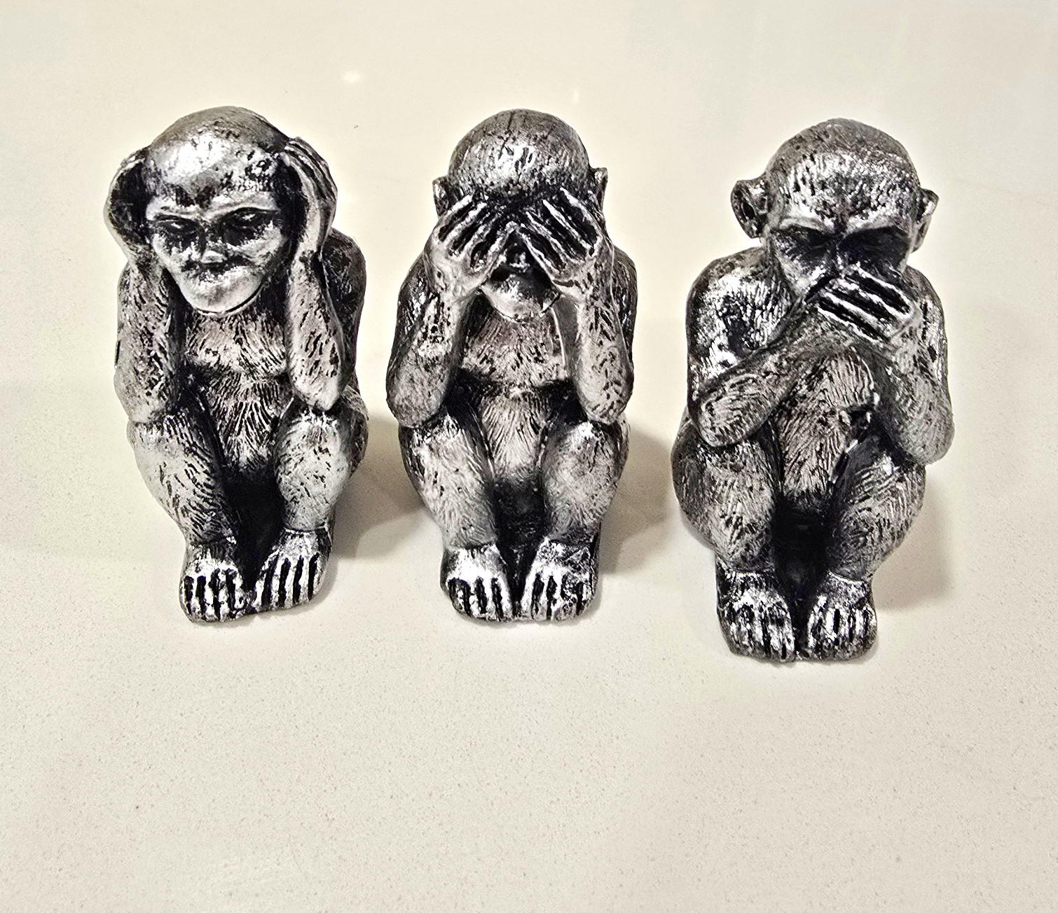 Three Wise Monkeys Metallic Silver Resin Figurines Set of 3