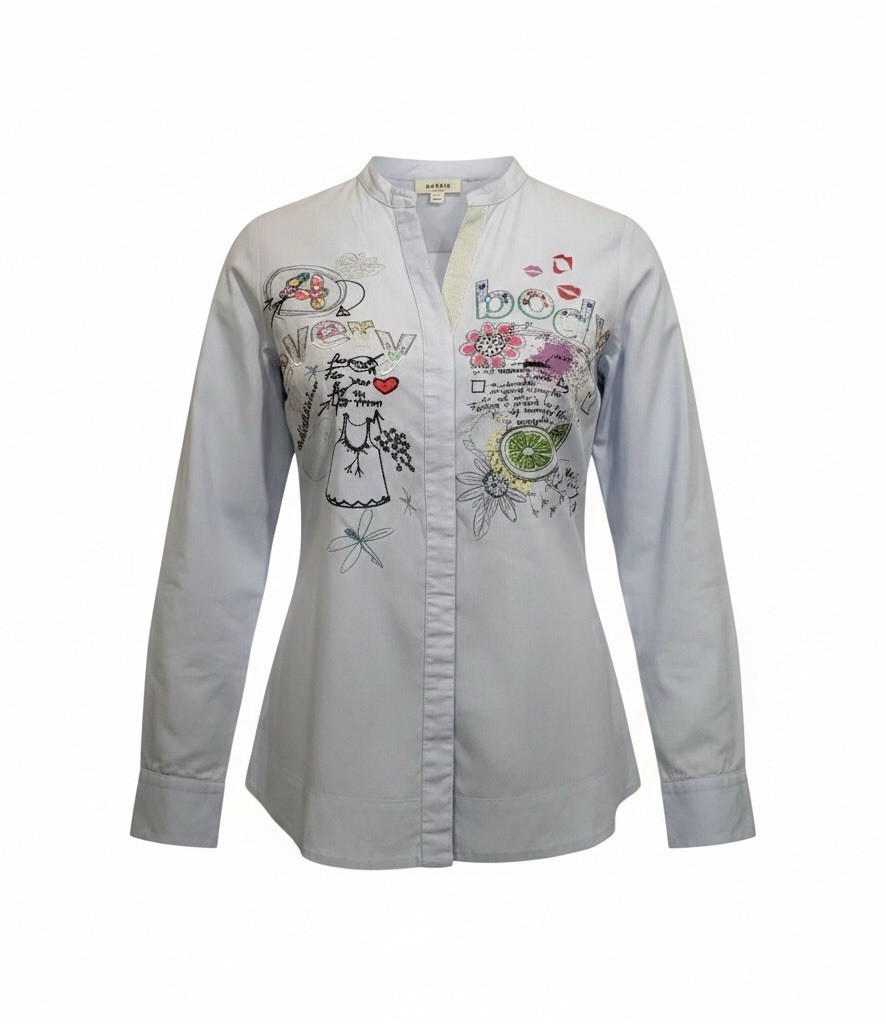 AUTHENTIC DESIGUAL EMBROIDERY LOGO POP ART BLUE WOMENS TUNIC BLOUSE SIZE US S