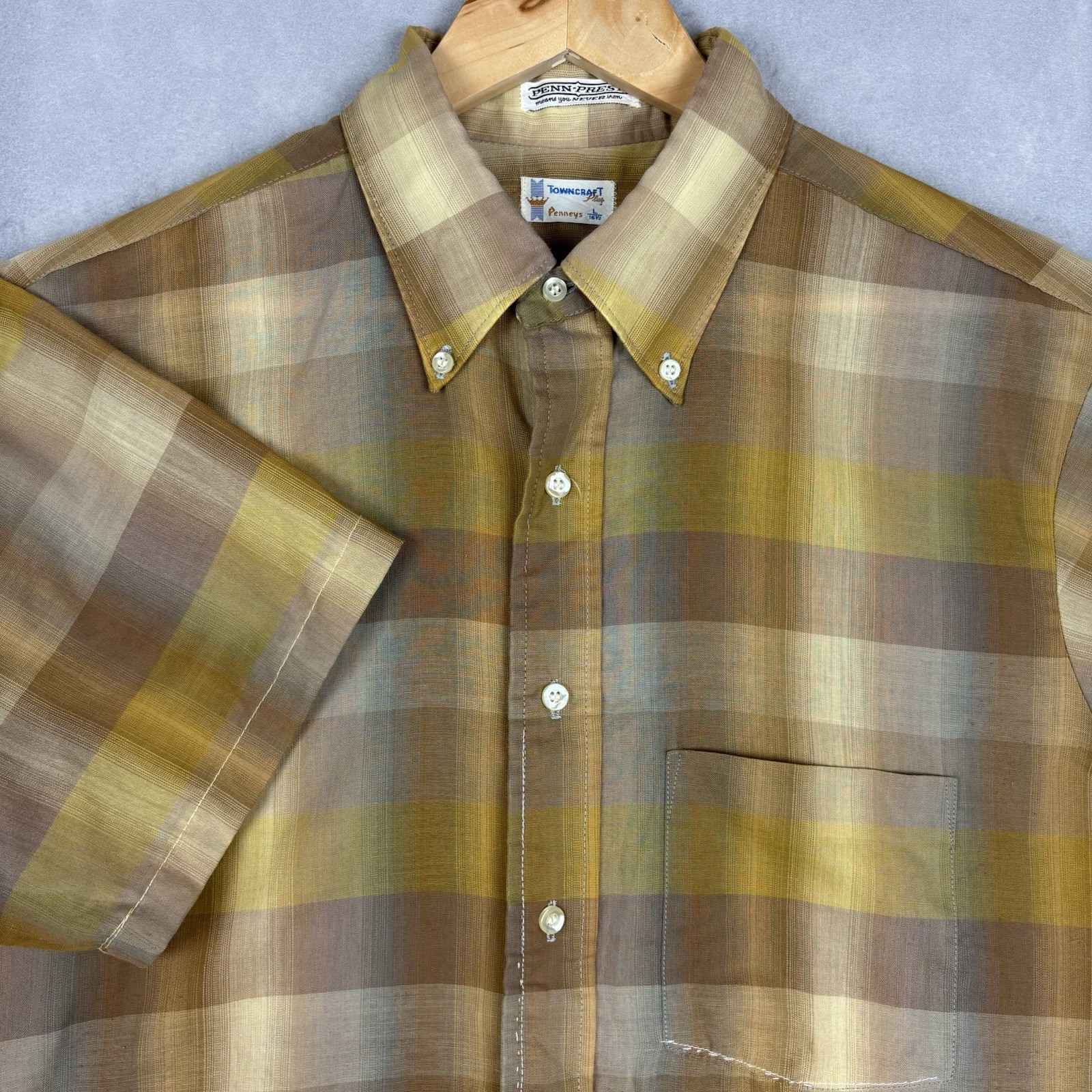 Vintage Penneys Towncraft Shirt Mens Large Yellow Brown Plaid Penn Prest 60s 70s Vintage Penneys Towncraft Shirt Mens Large Yellow Brown Plaid Penn Prest 60s 70s