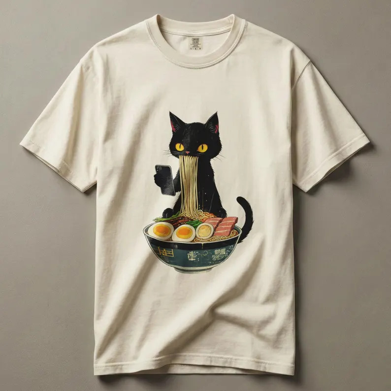 Ramen Cat All Over Print Short Sleeve Black Unisex T- shirt Full Size S-5XL