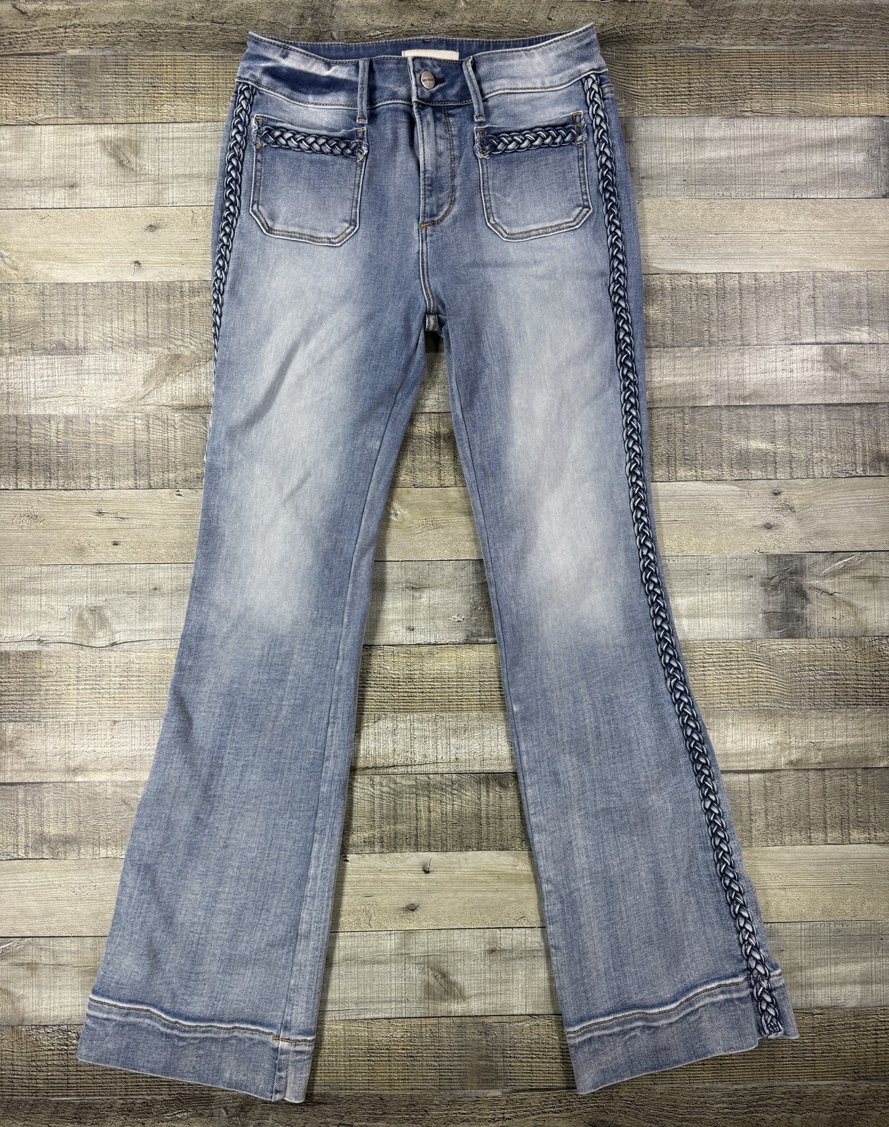 Driftwood Jeans Womens 29 Blue Flare Braided Stretch Denim Pockets Driftwood Jeans Womens 29 Blue Flare Braided Stretch Denim Pockets