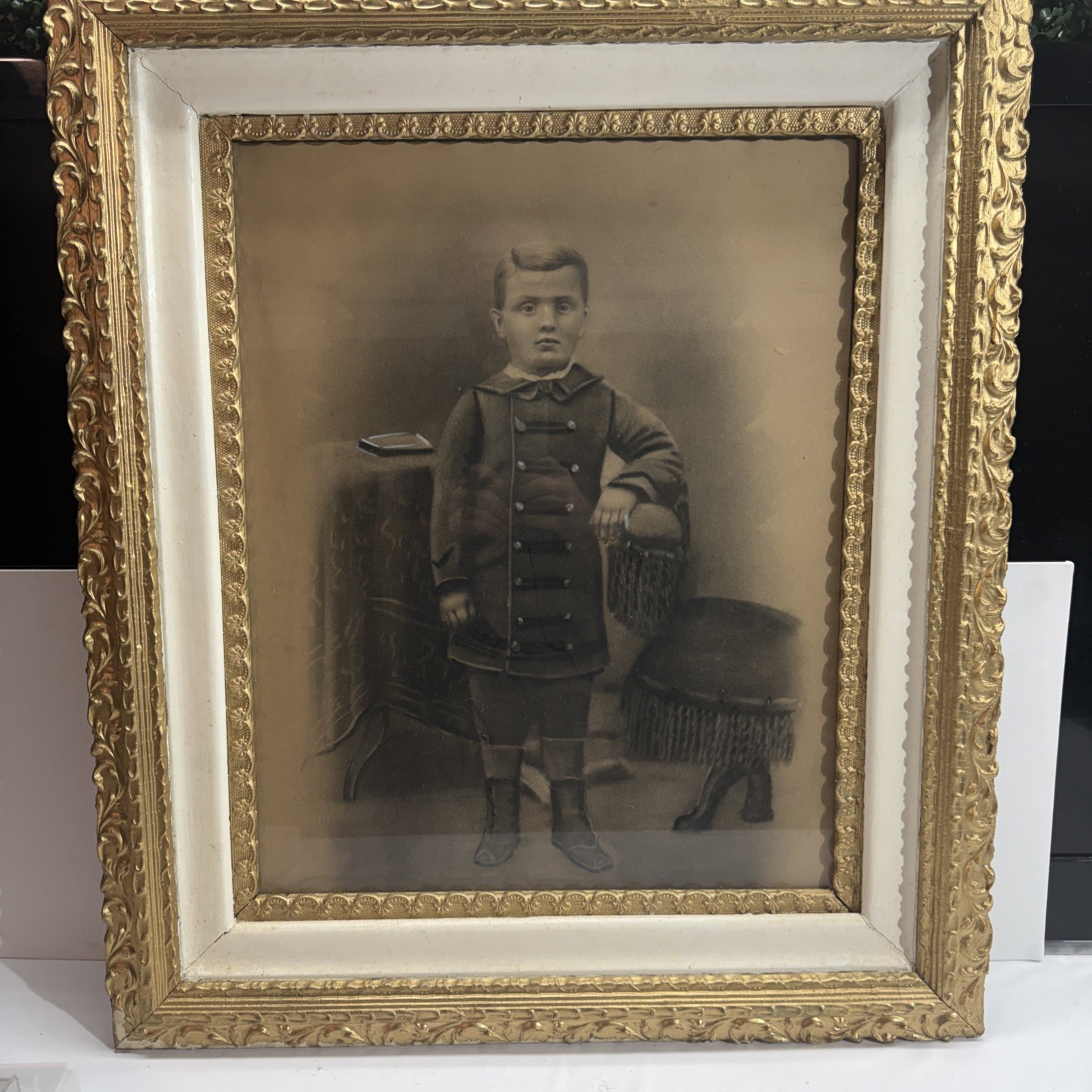 Antique Victorian Canvas Oil Painting Boy With Chair Chalk Folk Art W/frame