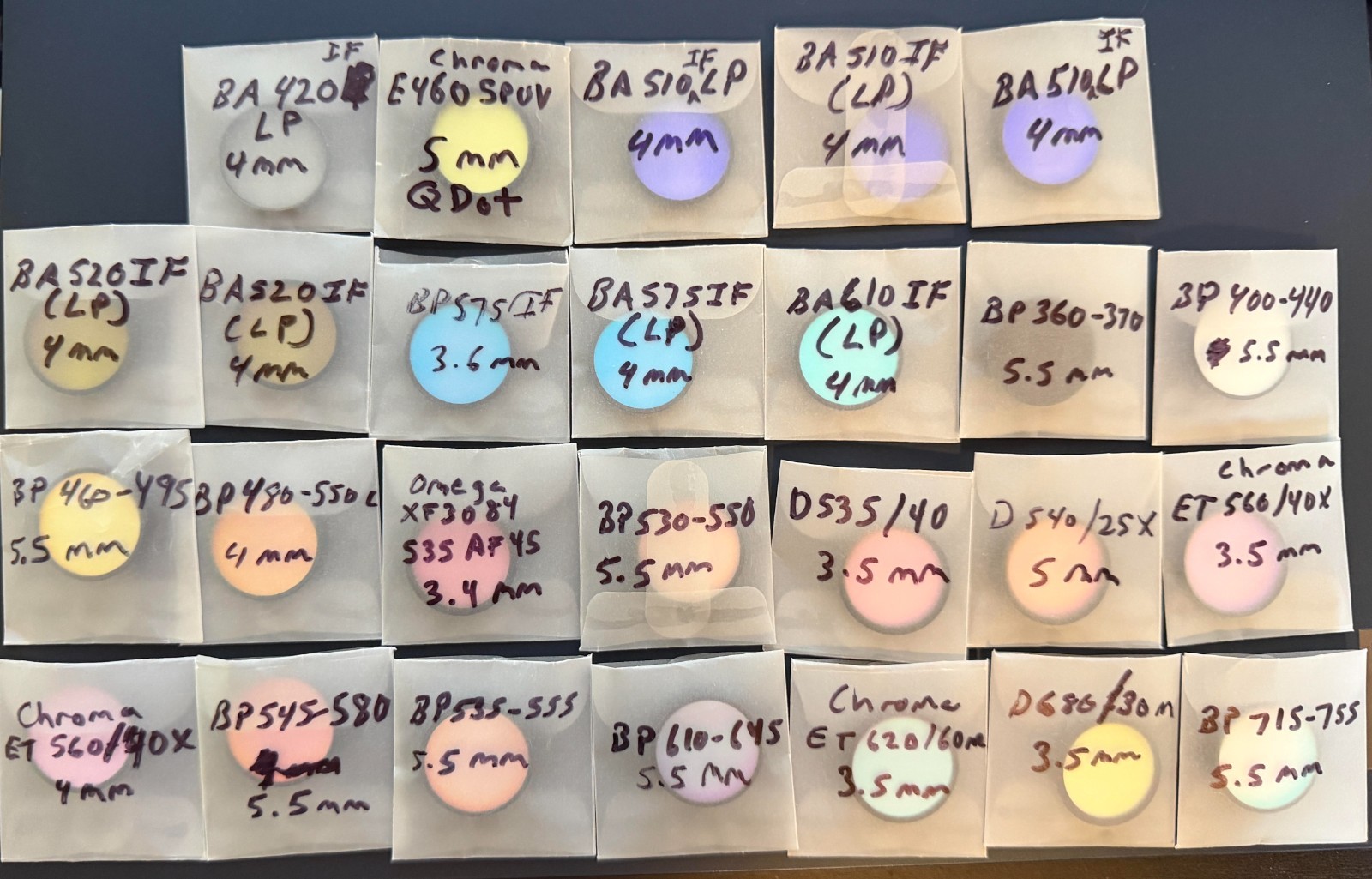 Mixed Lot of 27 Fluorescence Excitation/Emission Filters - 25mm Diameter