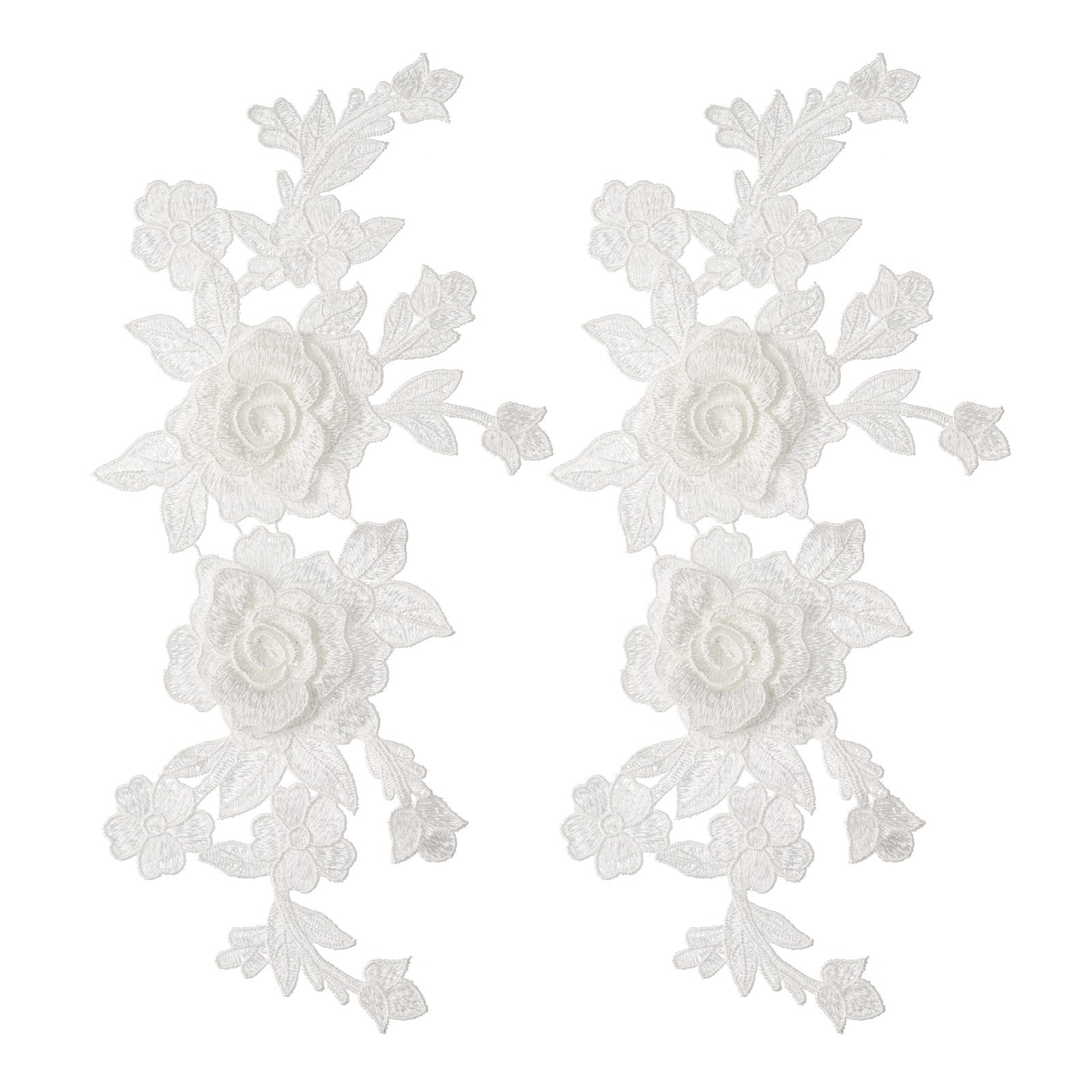 2Pcs White Retro Rose Lace Embroidered Applique 3D Floral Patches
